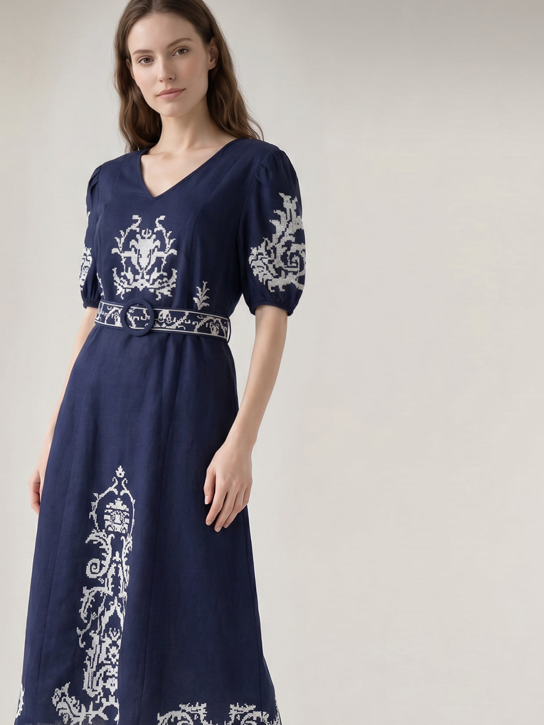 Dark Blue Embroidered Midi Dress