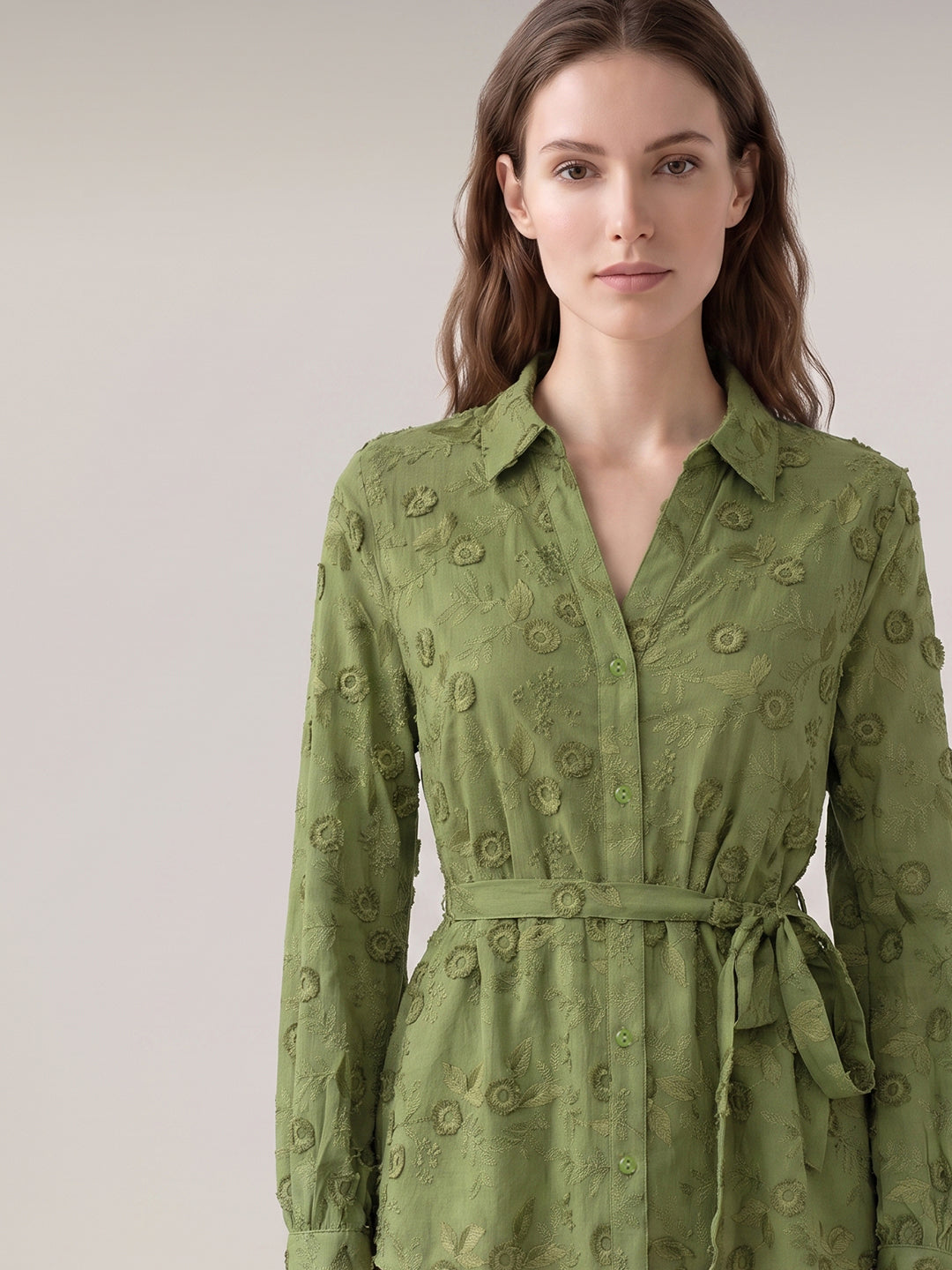 Green Embroidered Shirt Dress