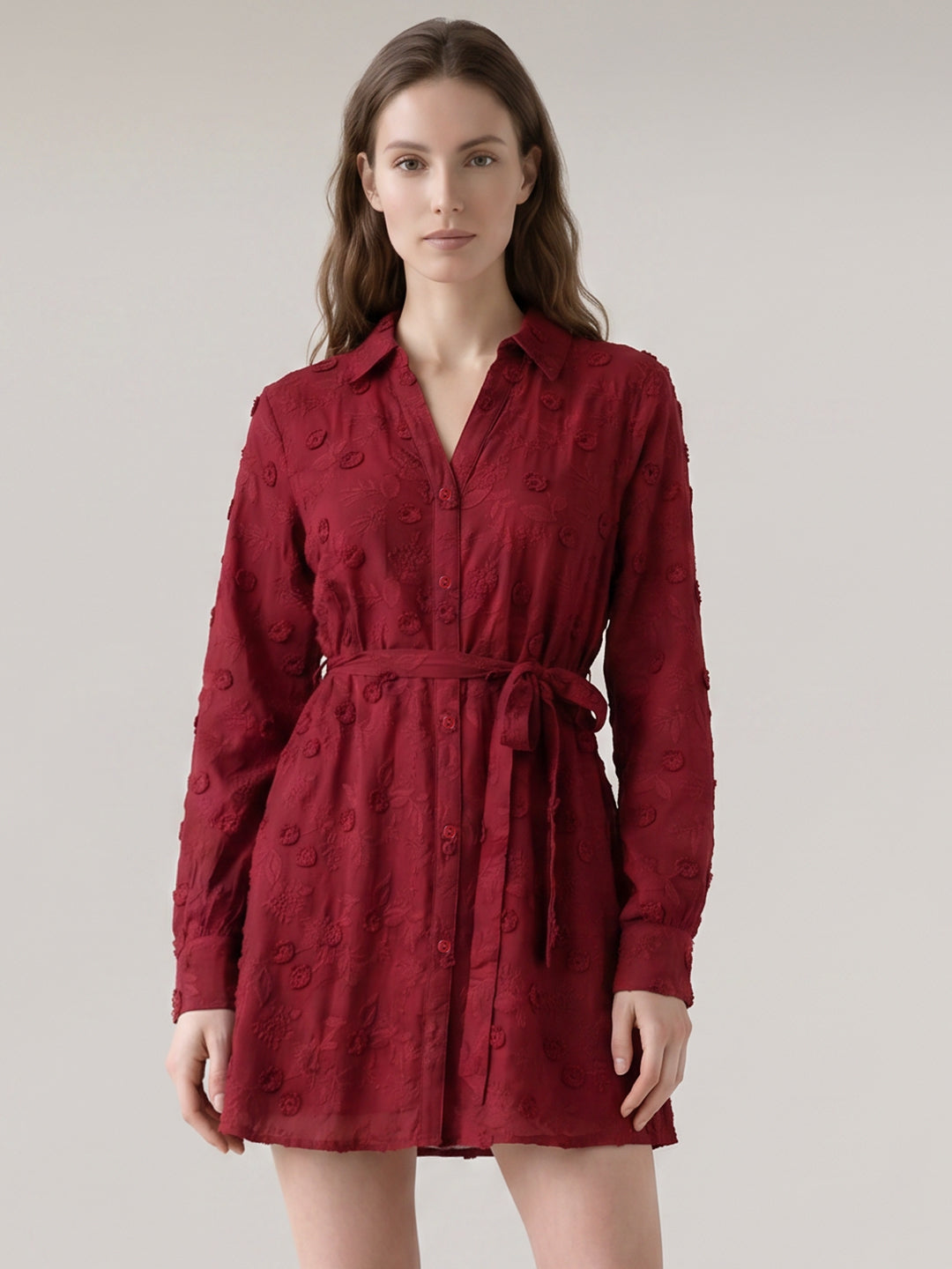 Red Embroidered Shirt Dress