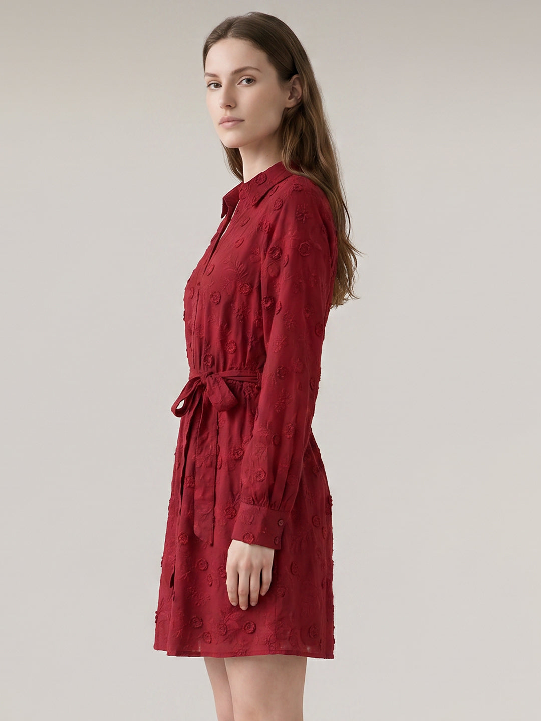 Red Embroidered Shirt Dress