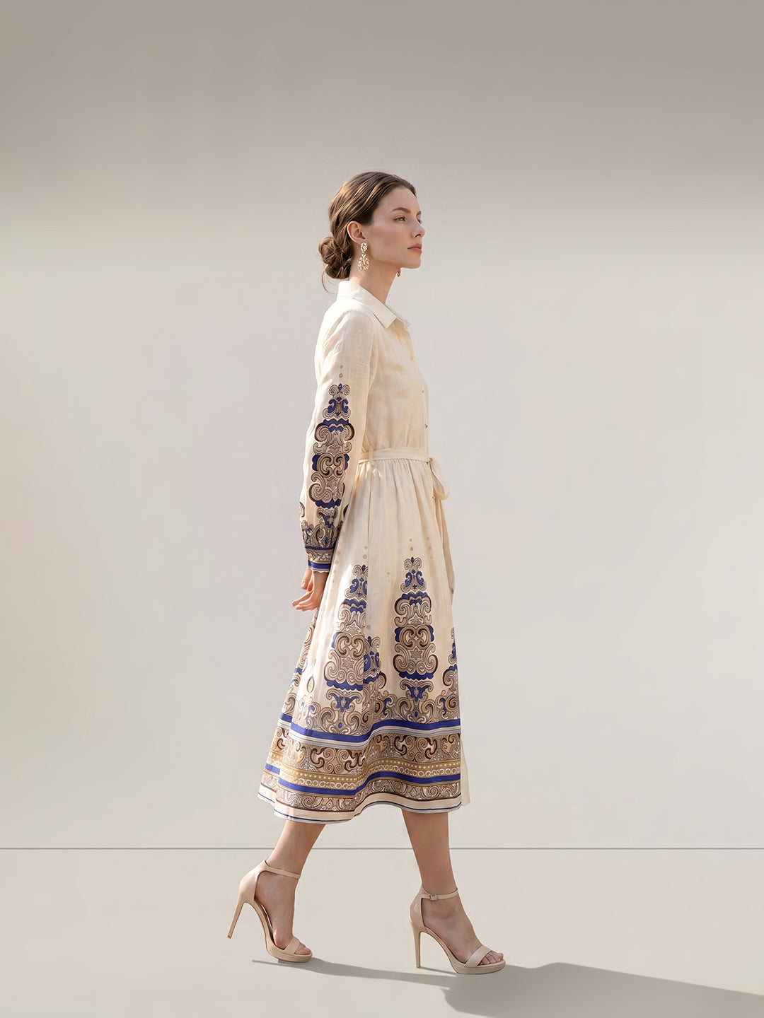 Beige Printed Shirt Dress