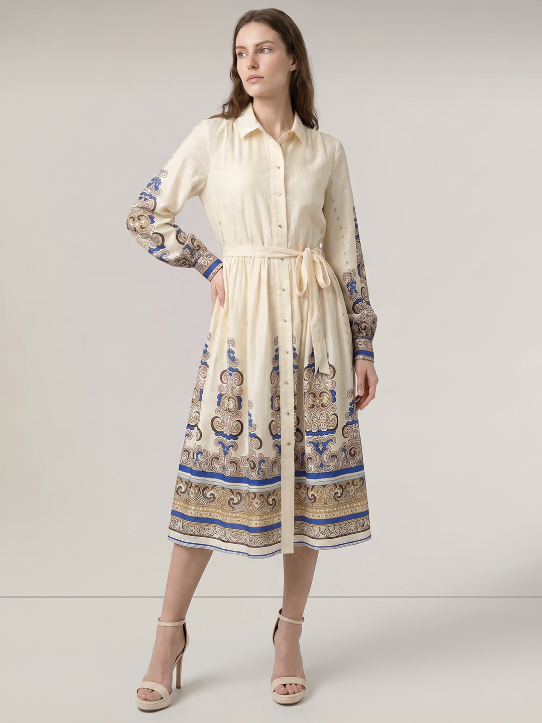 Beige Printed Shirt Dress