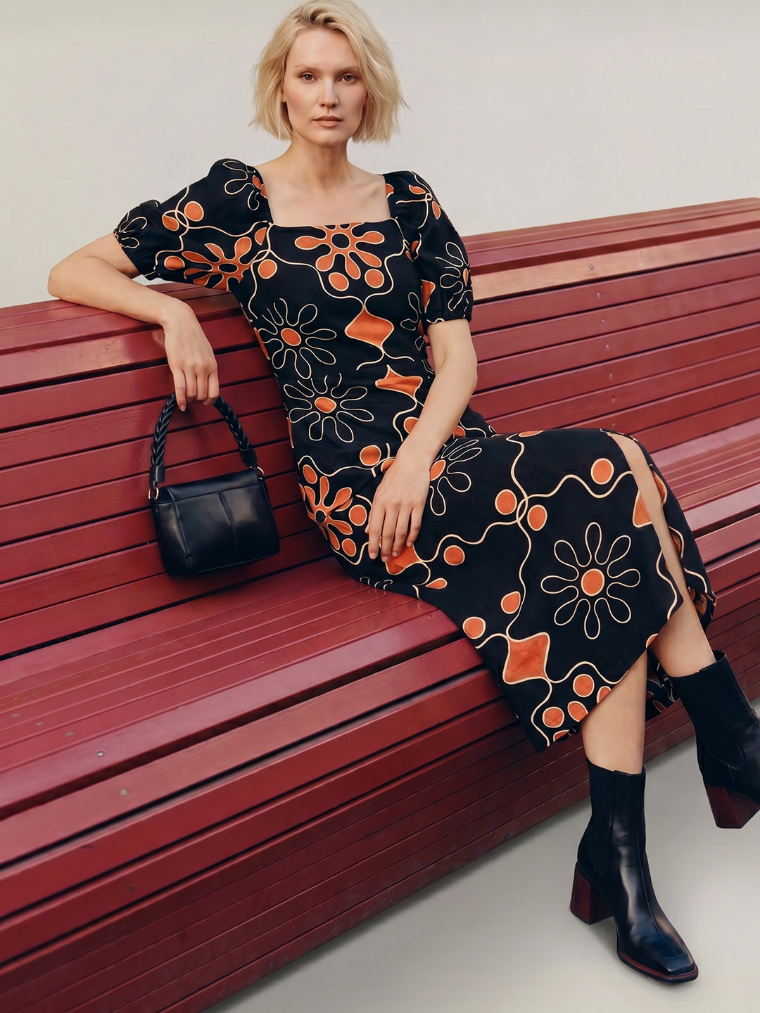 Black Printed Midi Dress