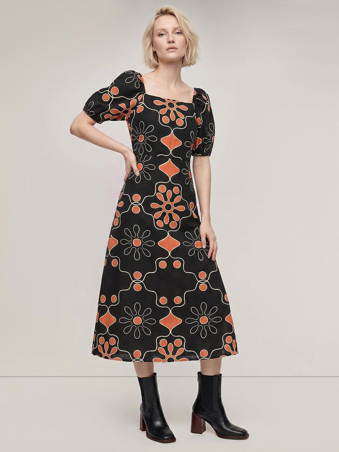 Black Printed Midi Dress
