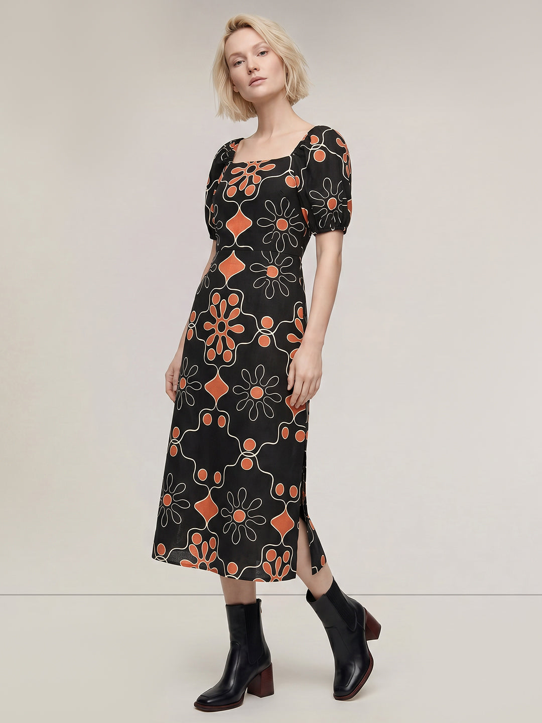 Black Printed Midi Dress