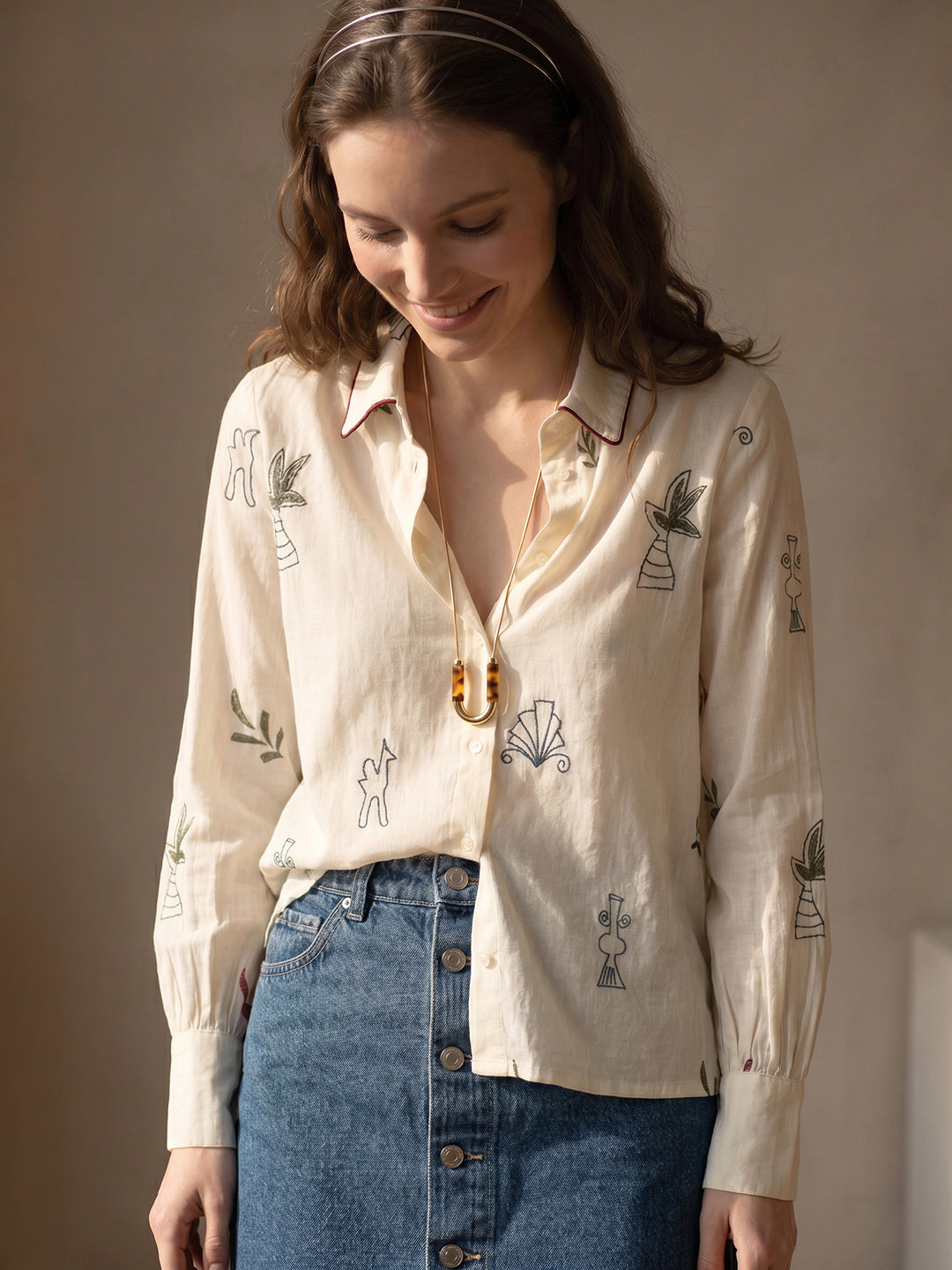 Beige Printed Cotton Shirt