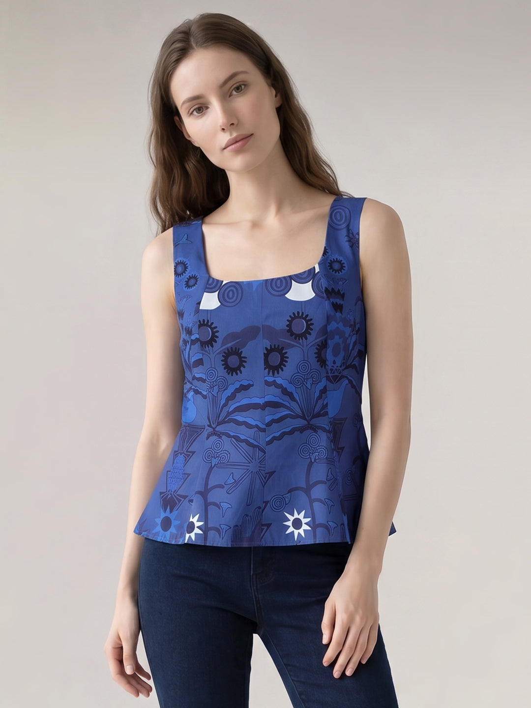 Dark Blue Printed Cotton Top