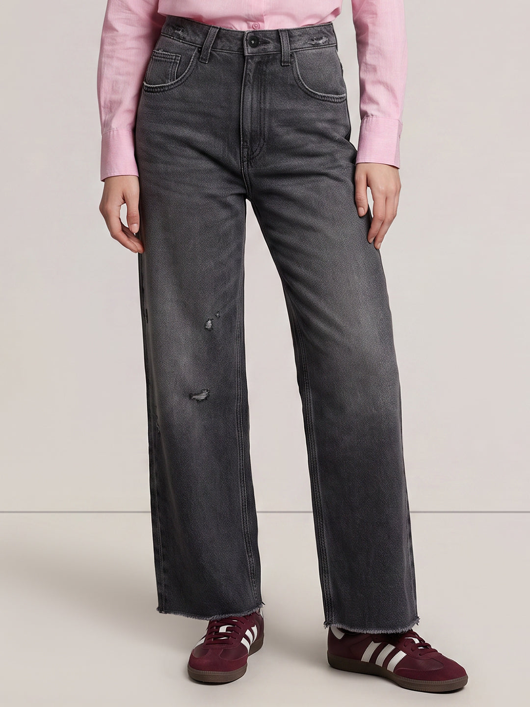 Grey Distressed Wide Leg Jeans