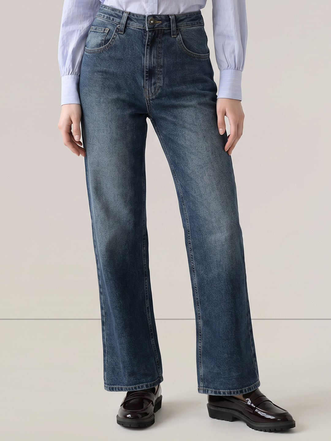Blue High Rise Wide Leg Jeans