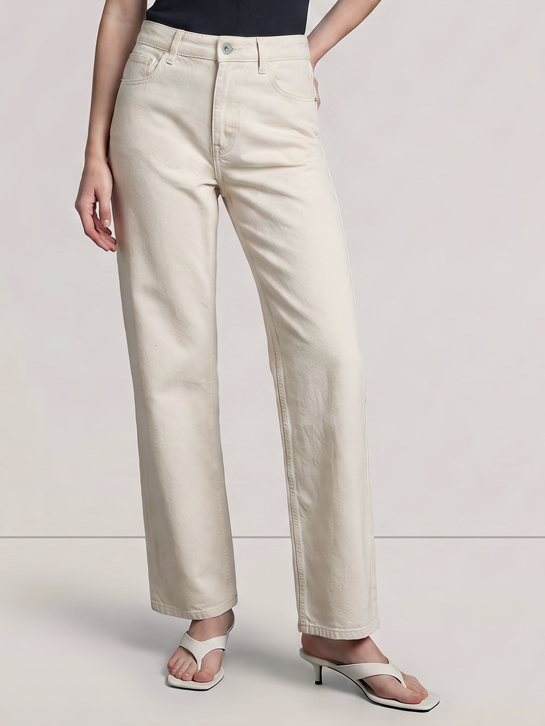 Ecru High Rise Straight Fit Jeans