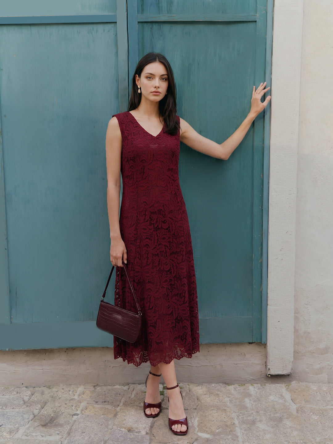 Dark Red Lace Midi Dress