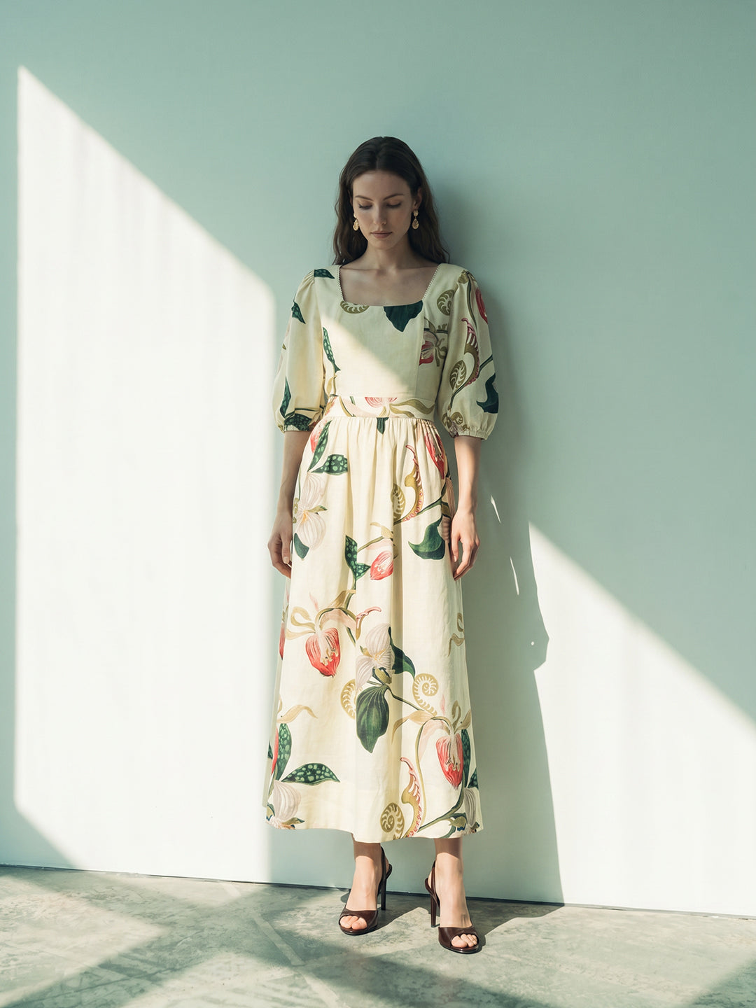 Ecru Floral Print Midaxi Dress
