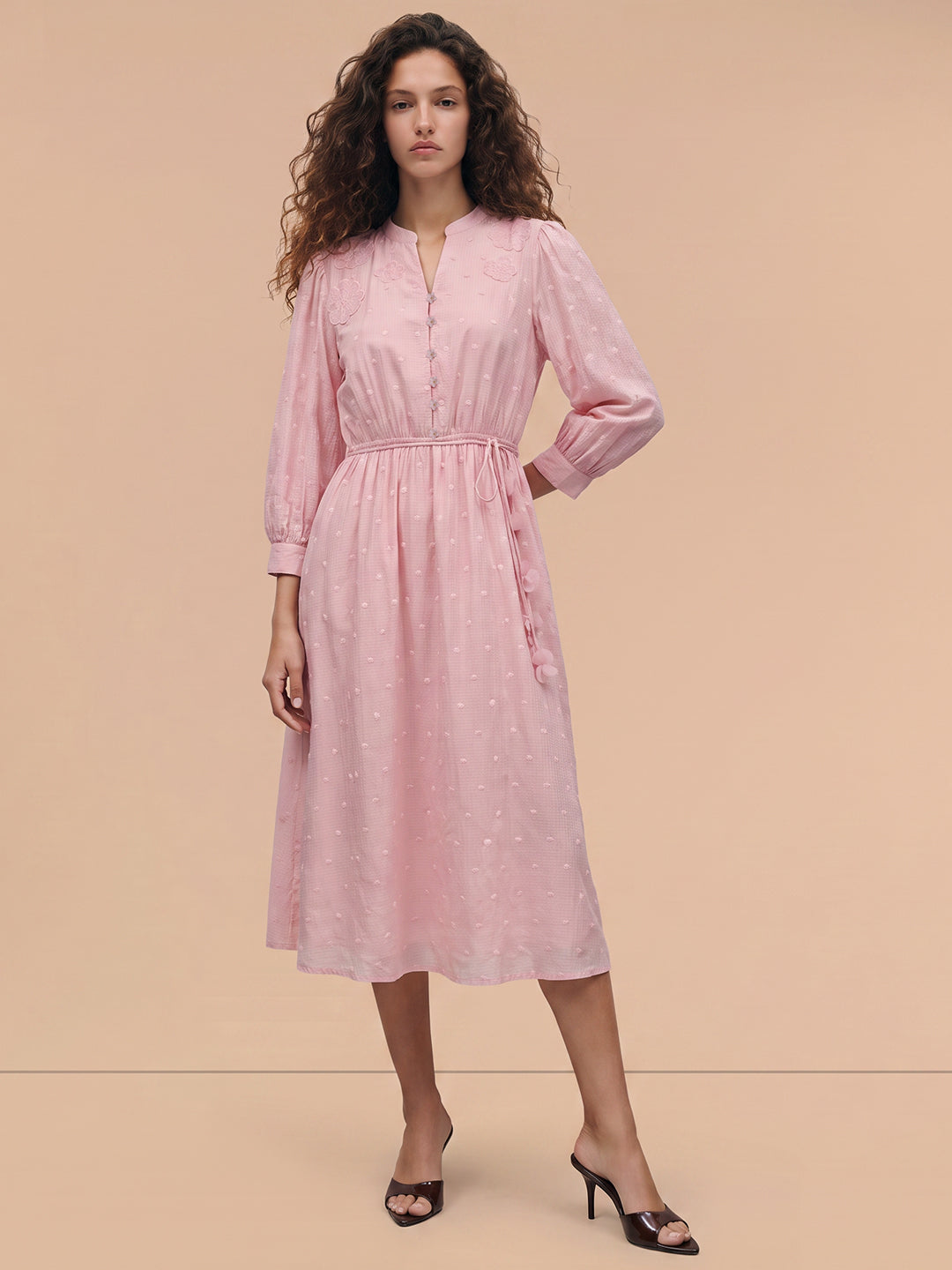 Pink Floral Textured Midi Dress