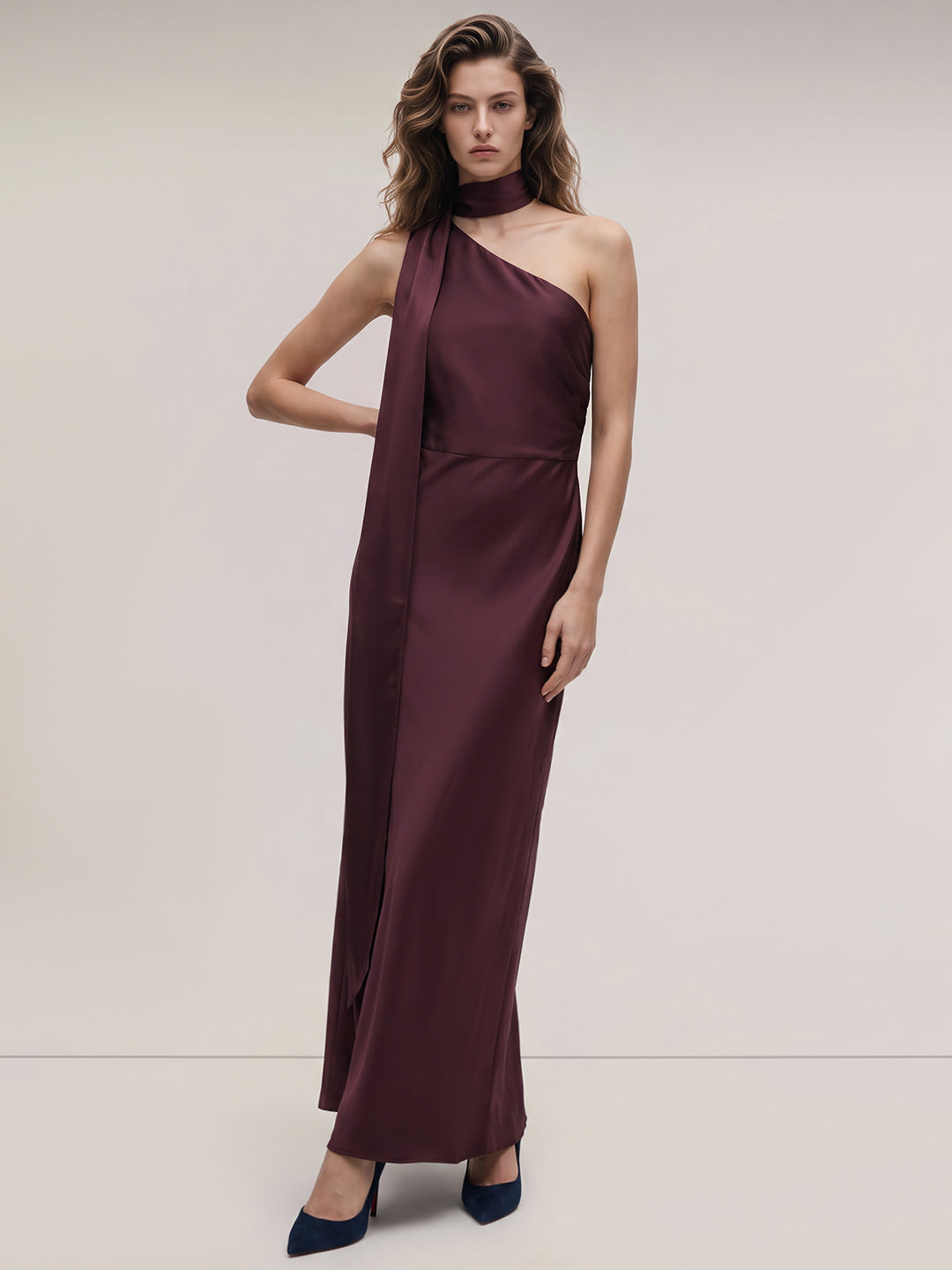 Burgundy One-Shoulder Satin Dress
