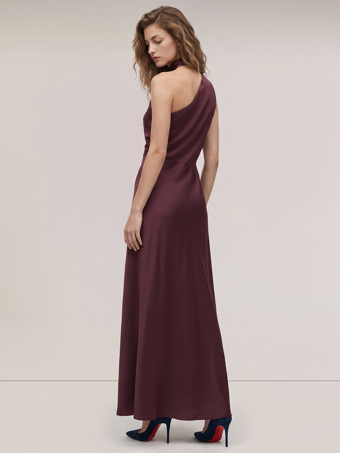 Burgundy One-Shoulder Satin Dress