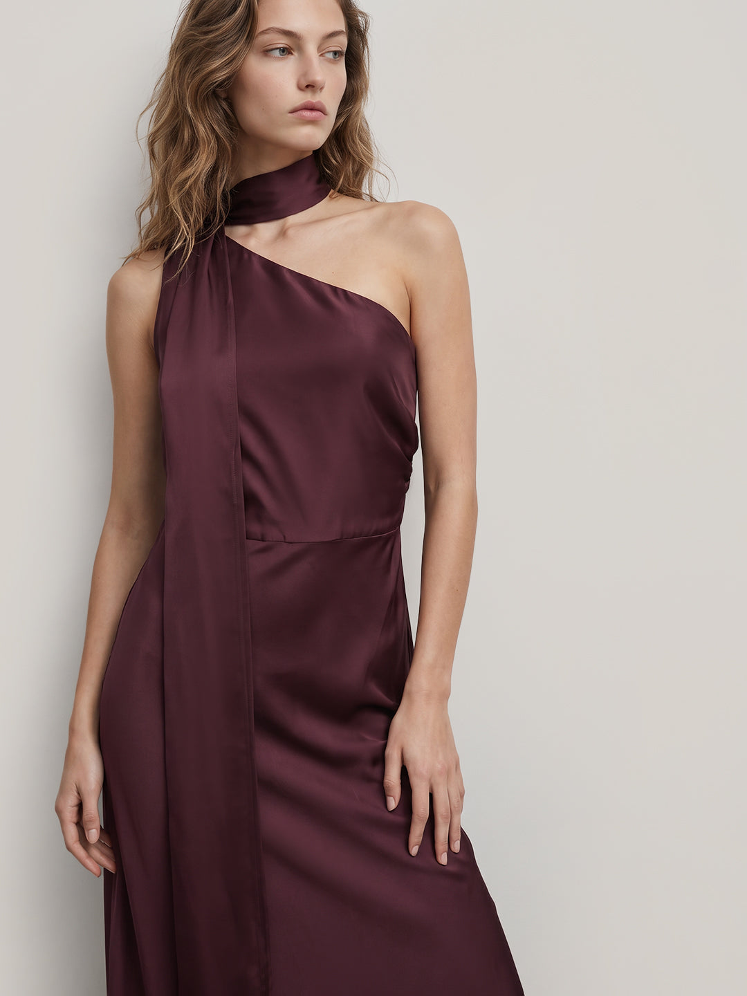 Burgundy One-Shoulder Satin Dress