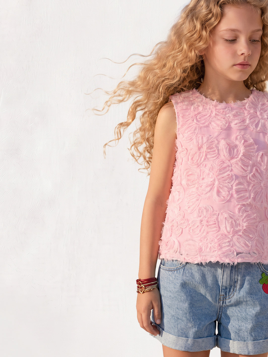 GIRLS Pink 3D floral appliqué Top