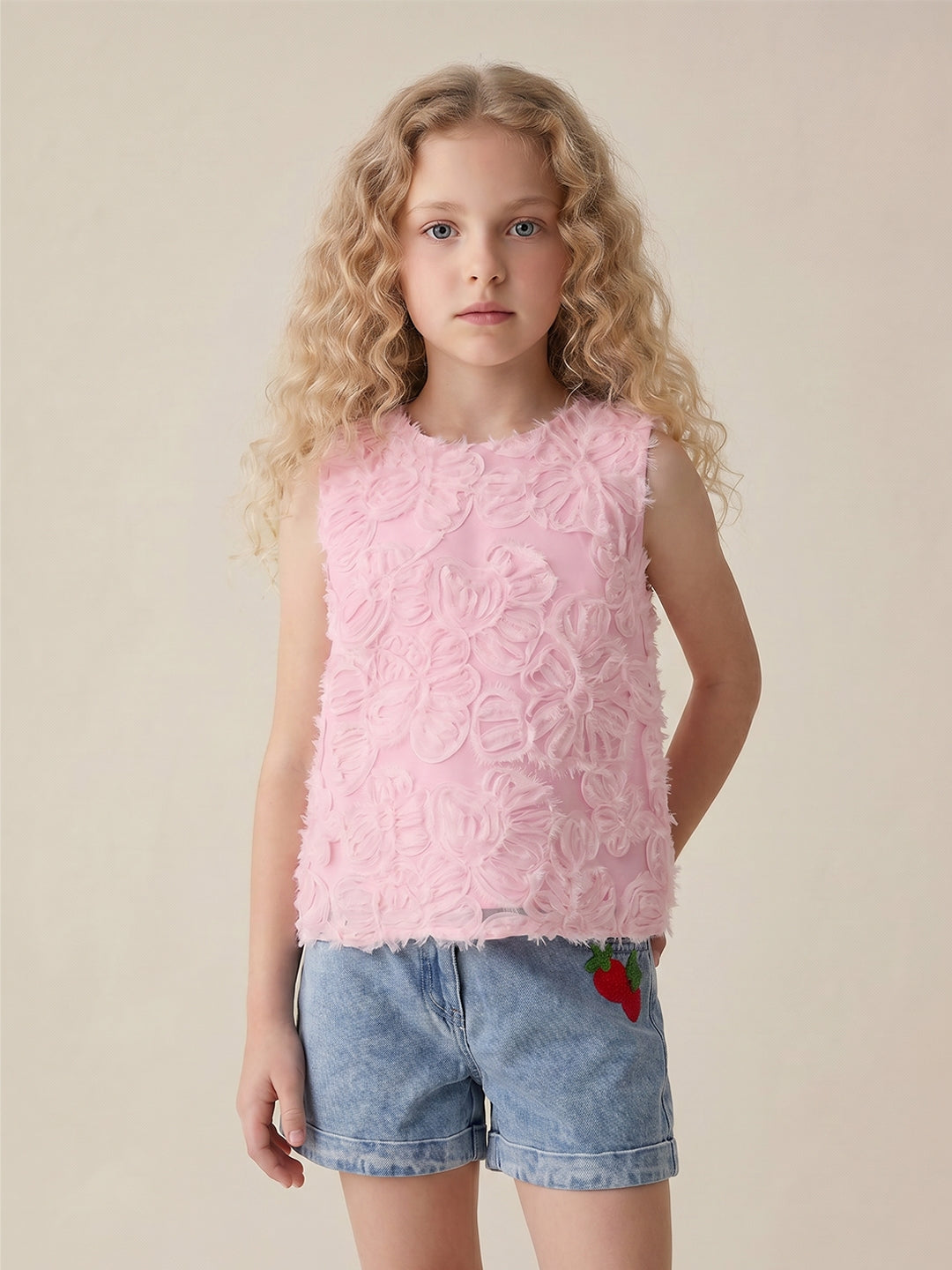 GIRLS Pink 3D floral appliqué Top