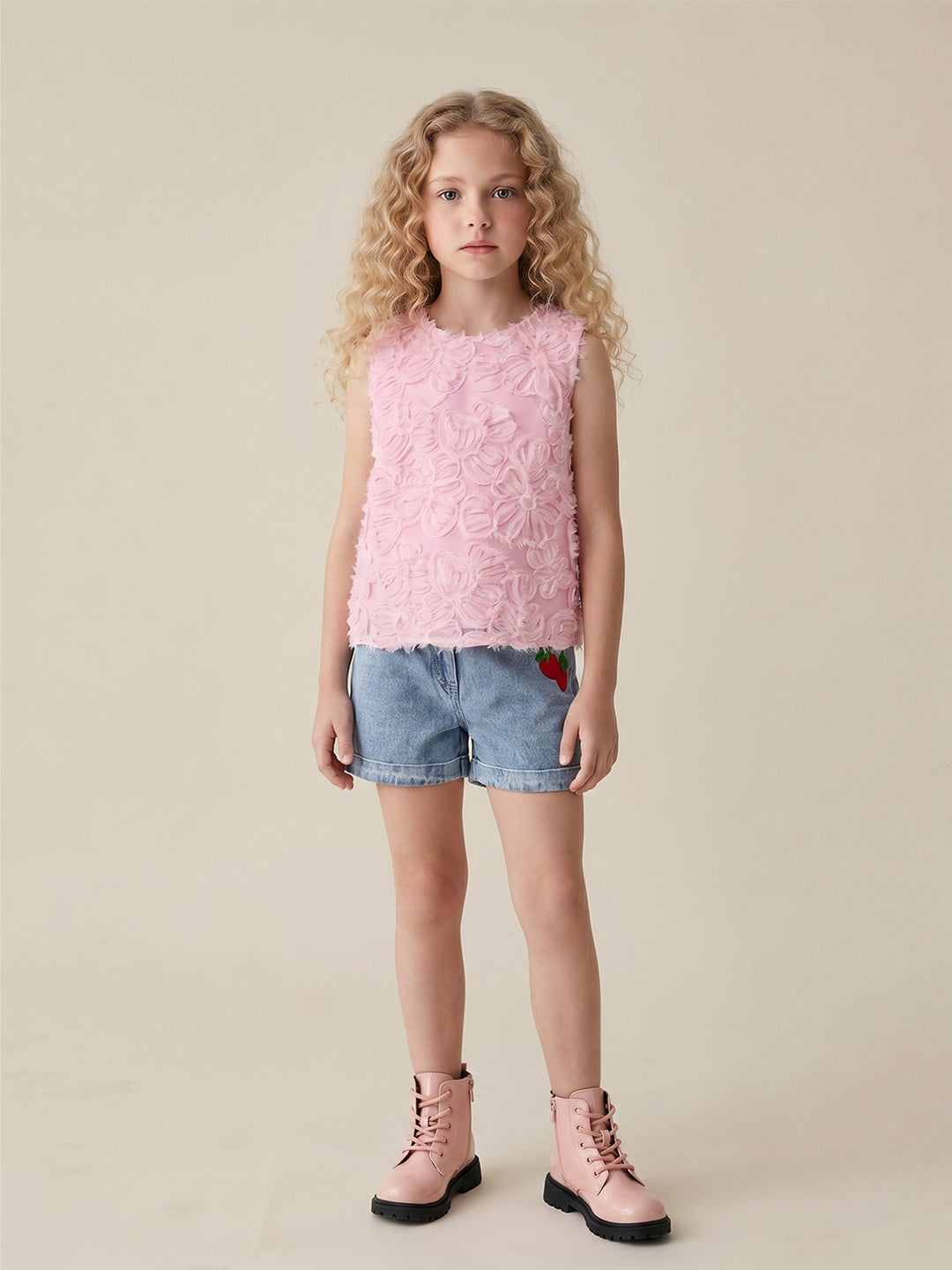 GIRLS Pink 3D floral appliqué Top