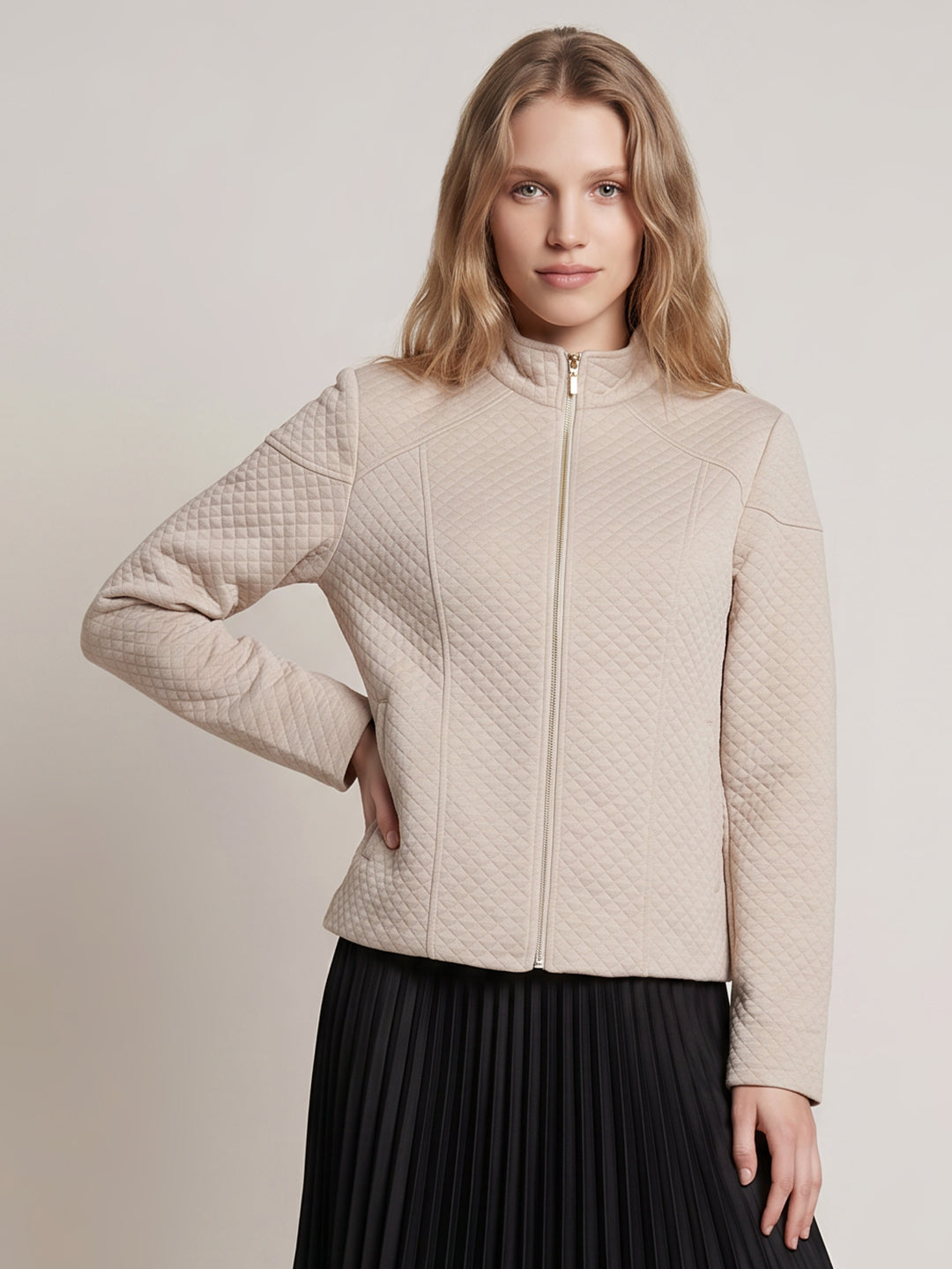 Beige High Neck Quilted Jacket