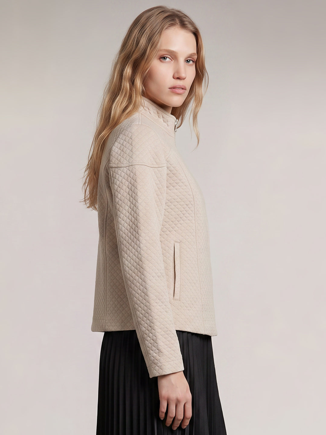 Beige High Neck Quilted Jacket