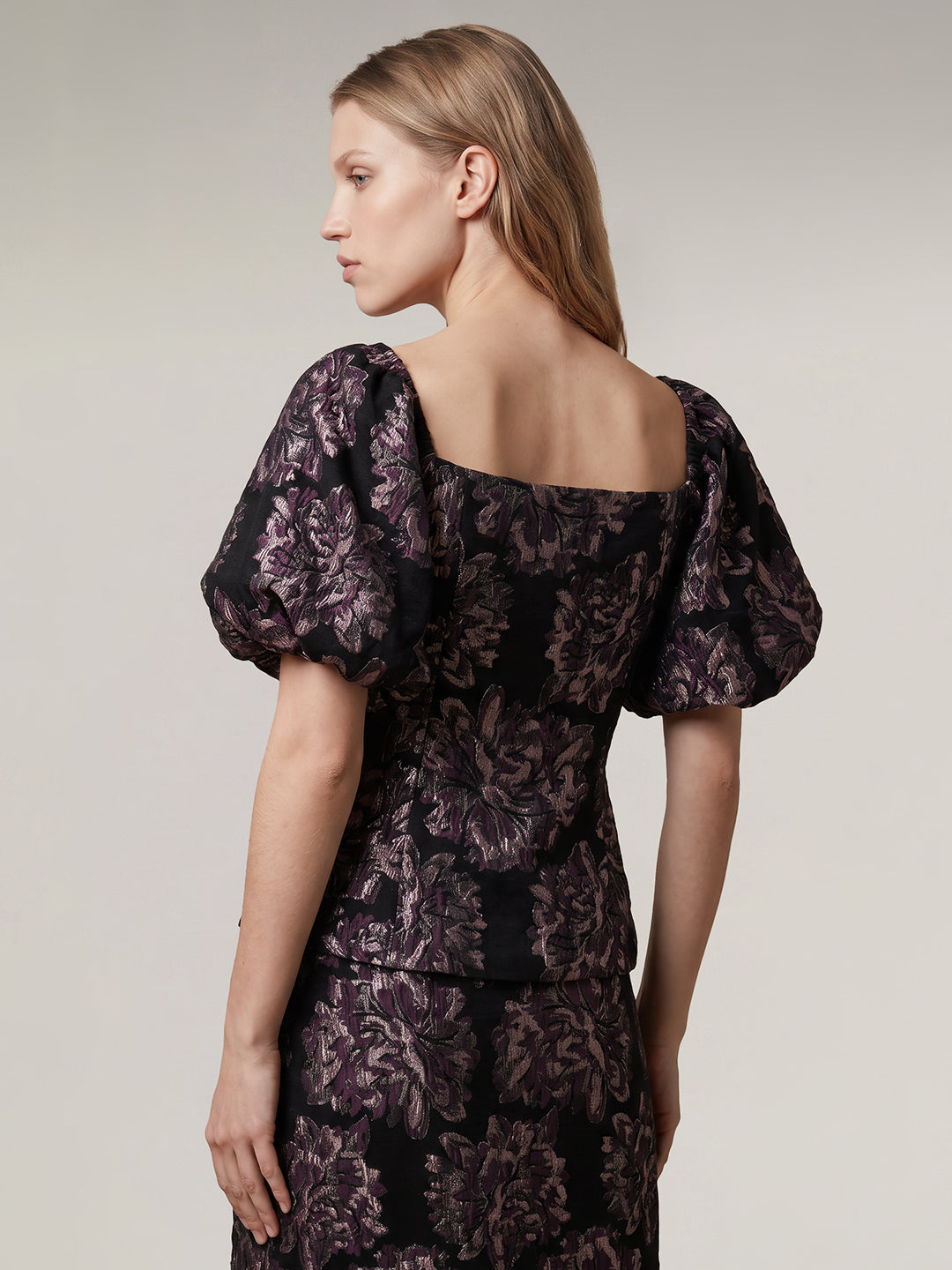 Floral Jacquard Puff Sleeve Top