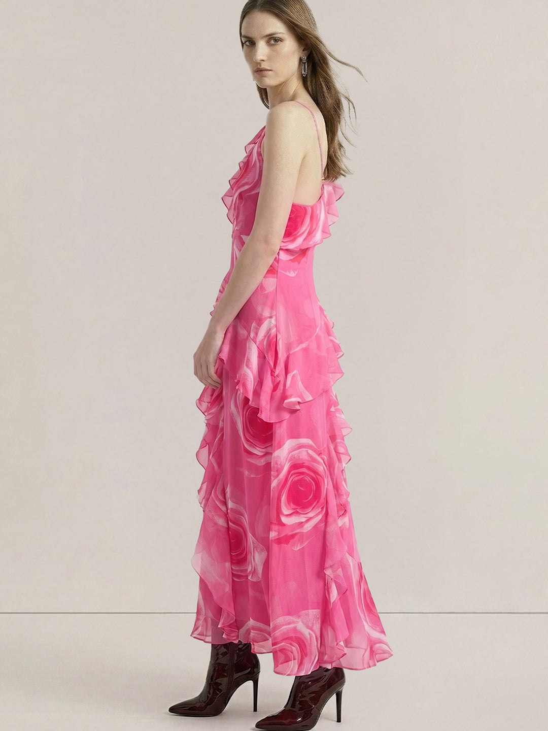 Pink Floral Frill Strappy Dress