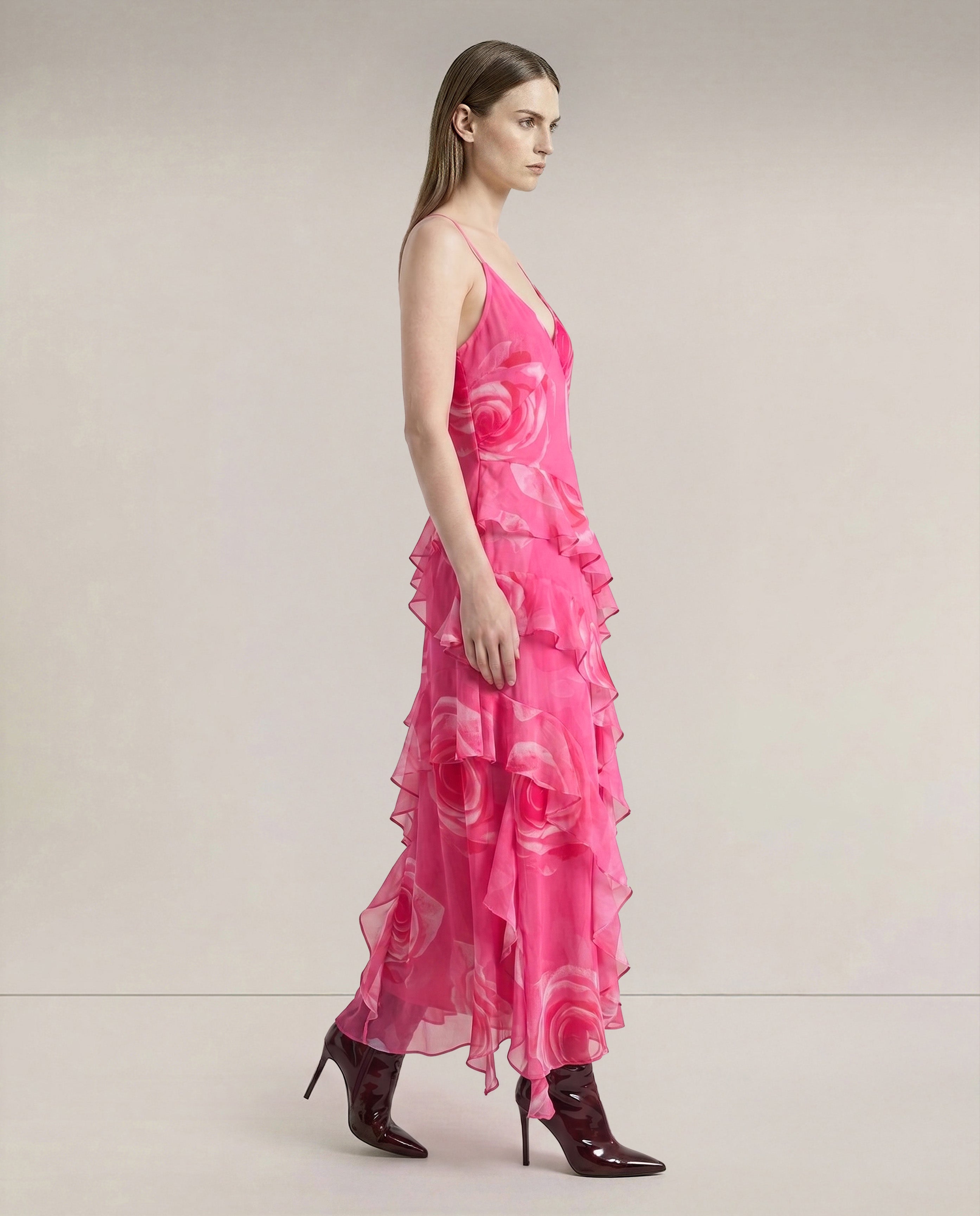 Pink Floral Frill Strappy Dress