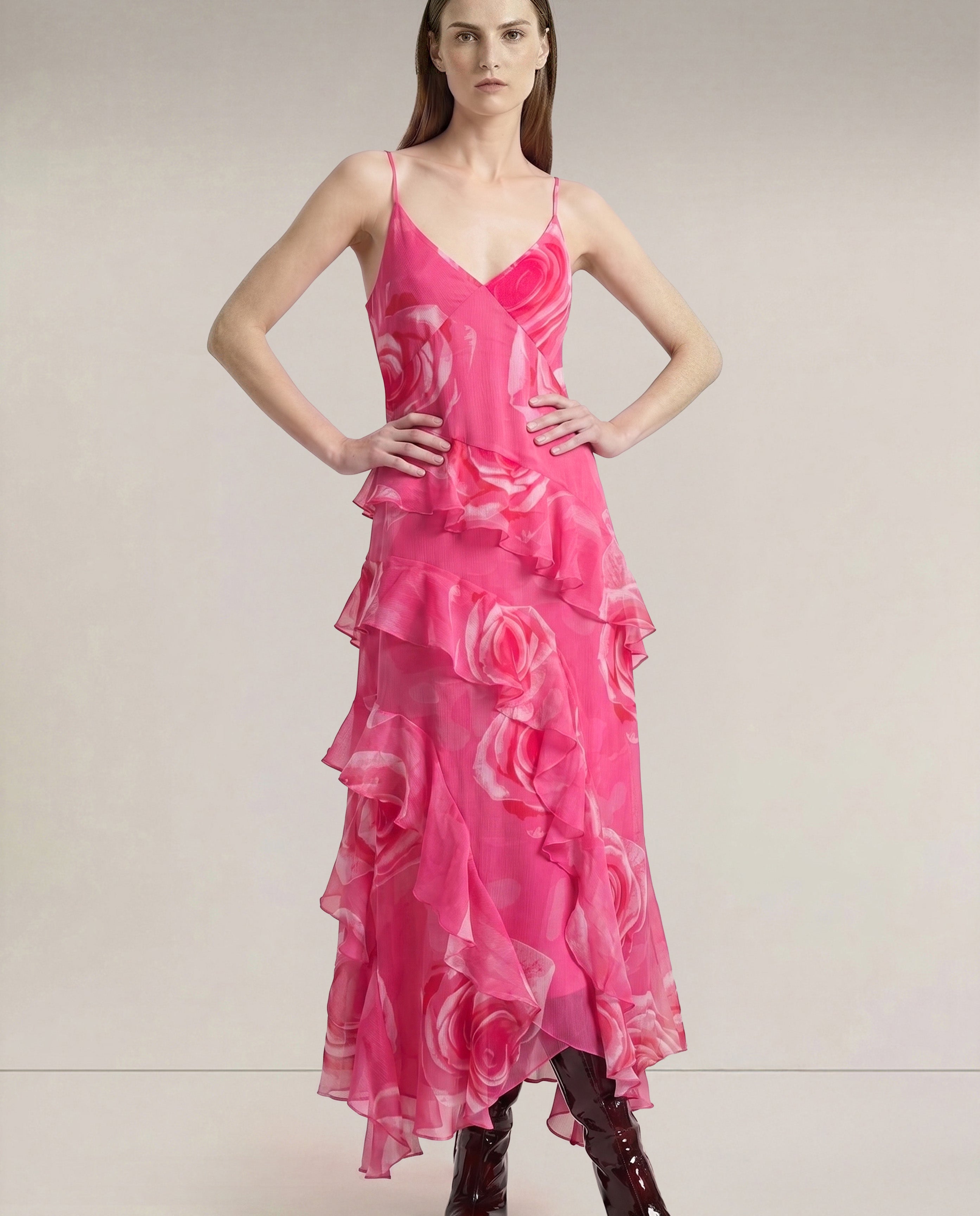 Pink Floral Frill Strappy Dress