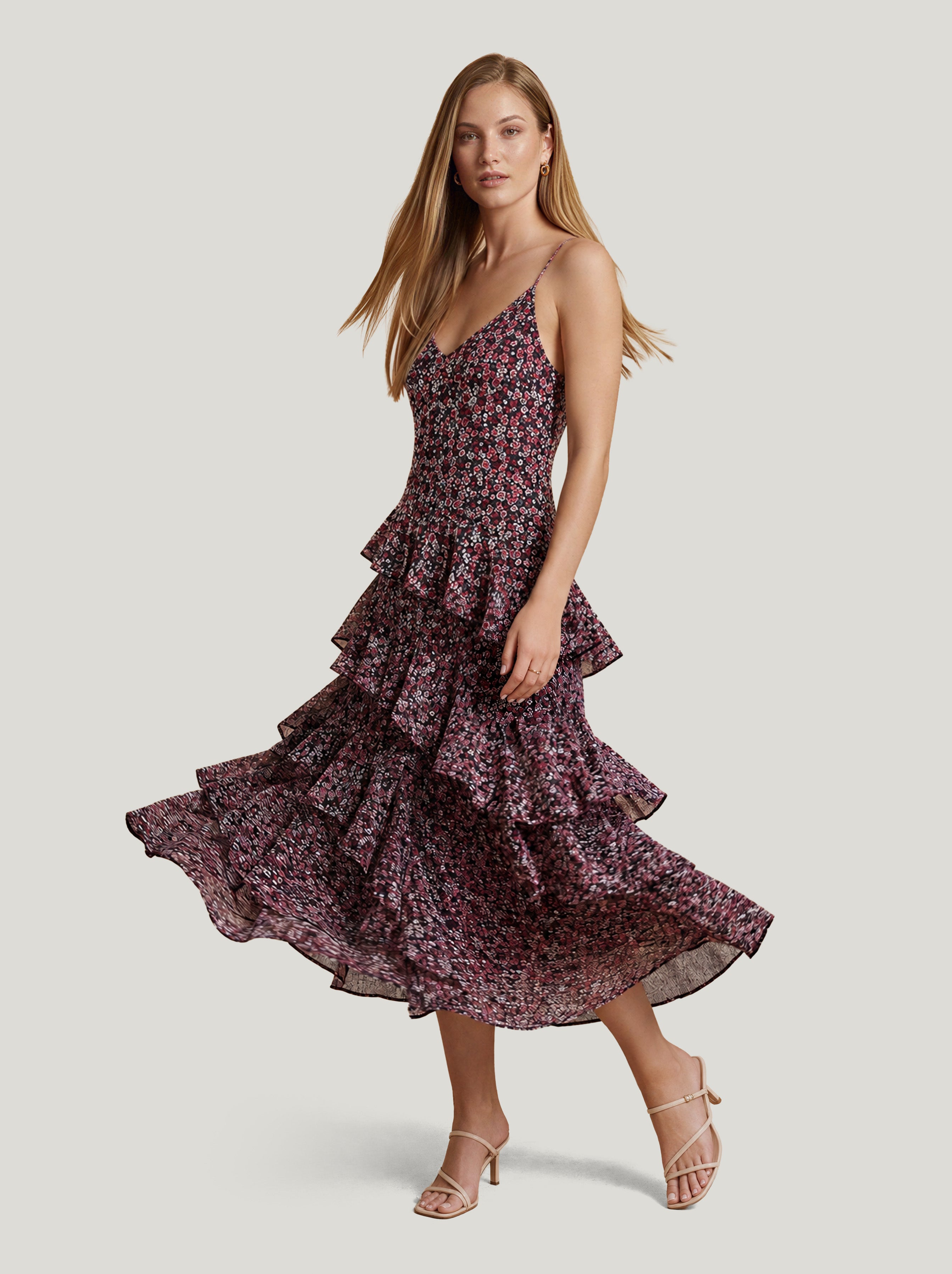 Black Floral Long Frill Dress