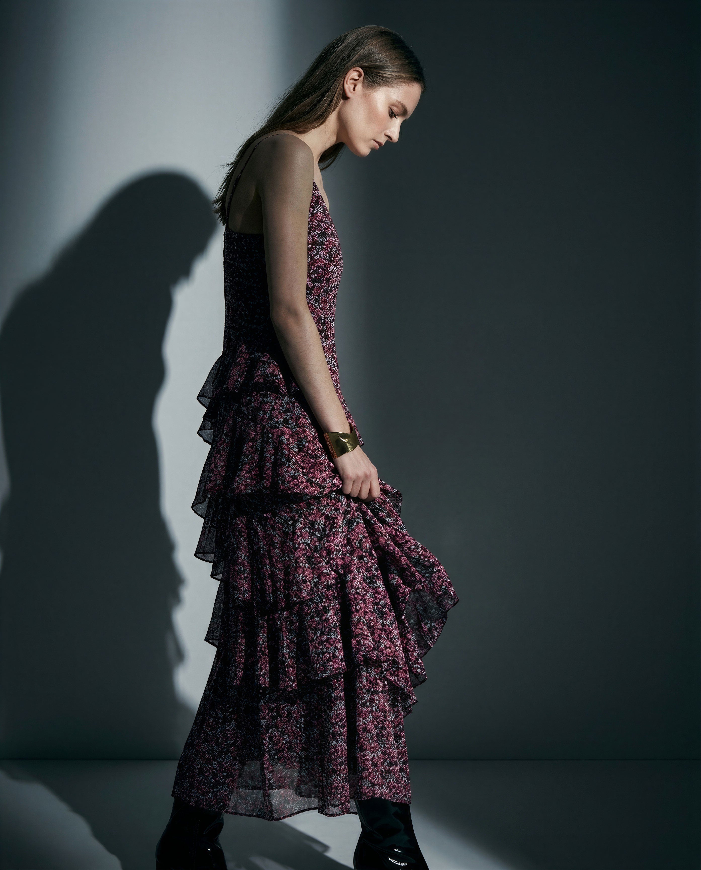 Black Floral Long Frill Dress