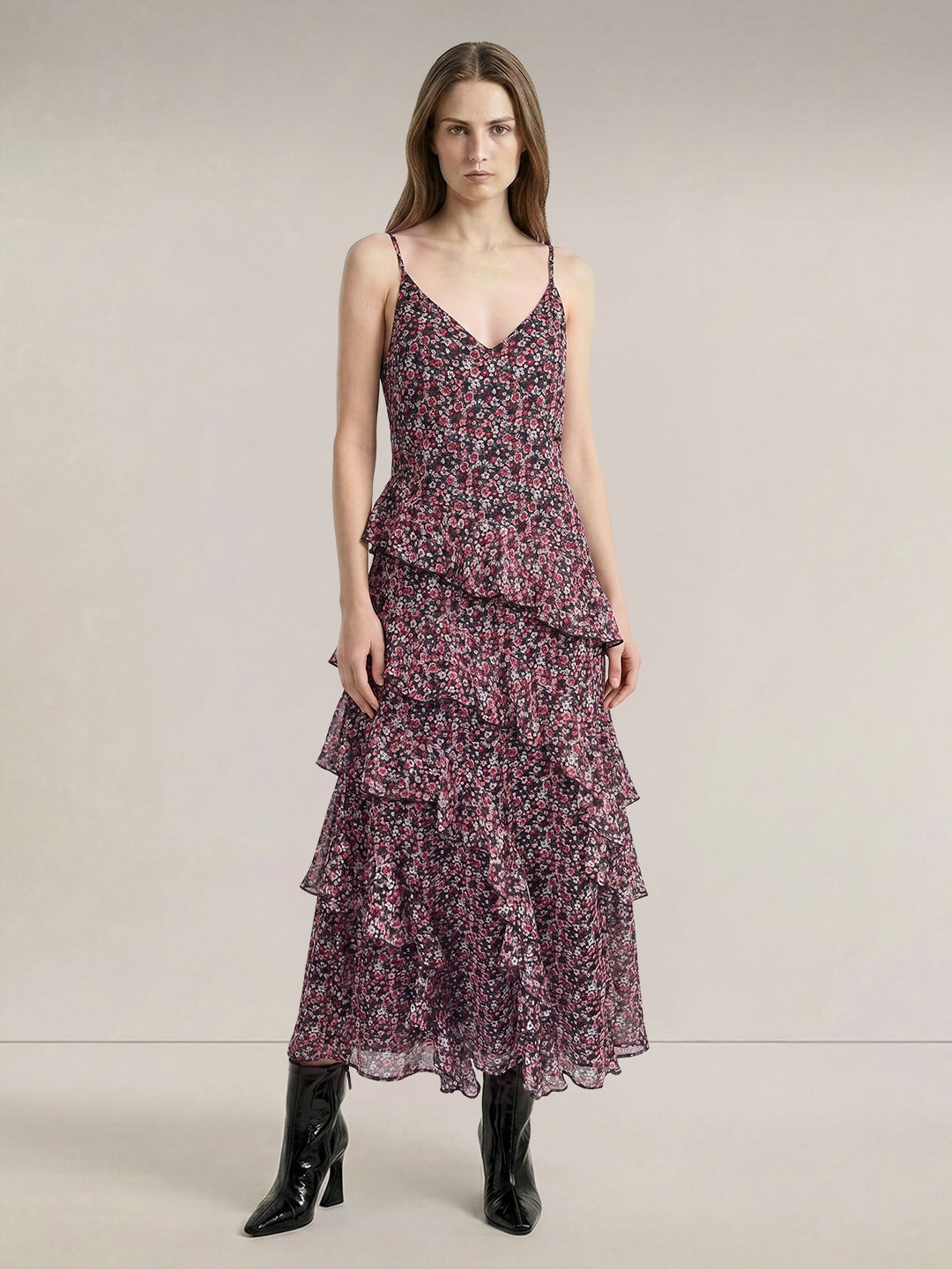 Black Floral Long Frill Dress