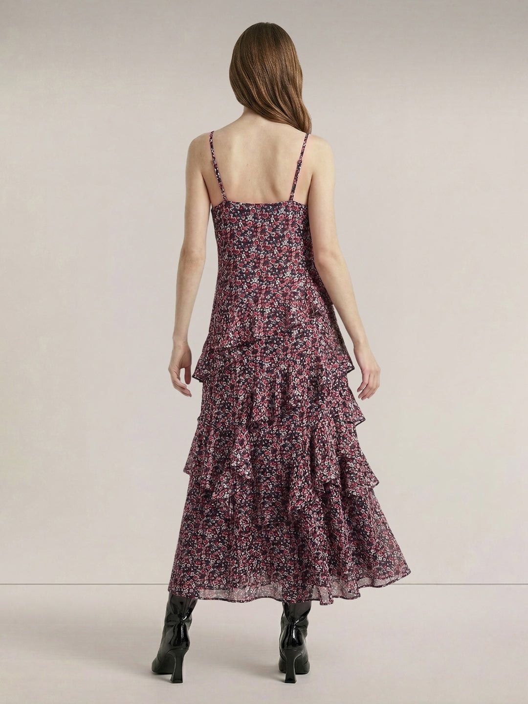 Black Floral Long Frill Dress