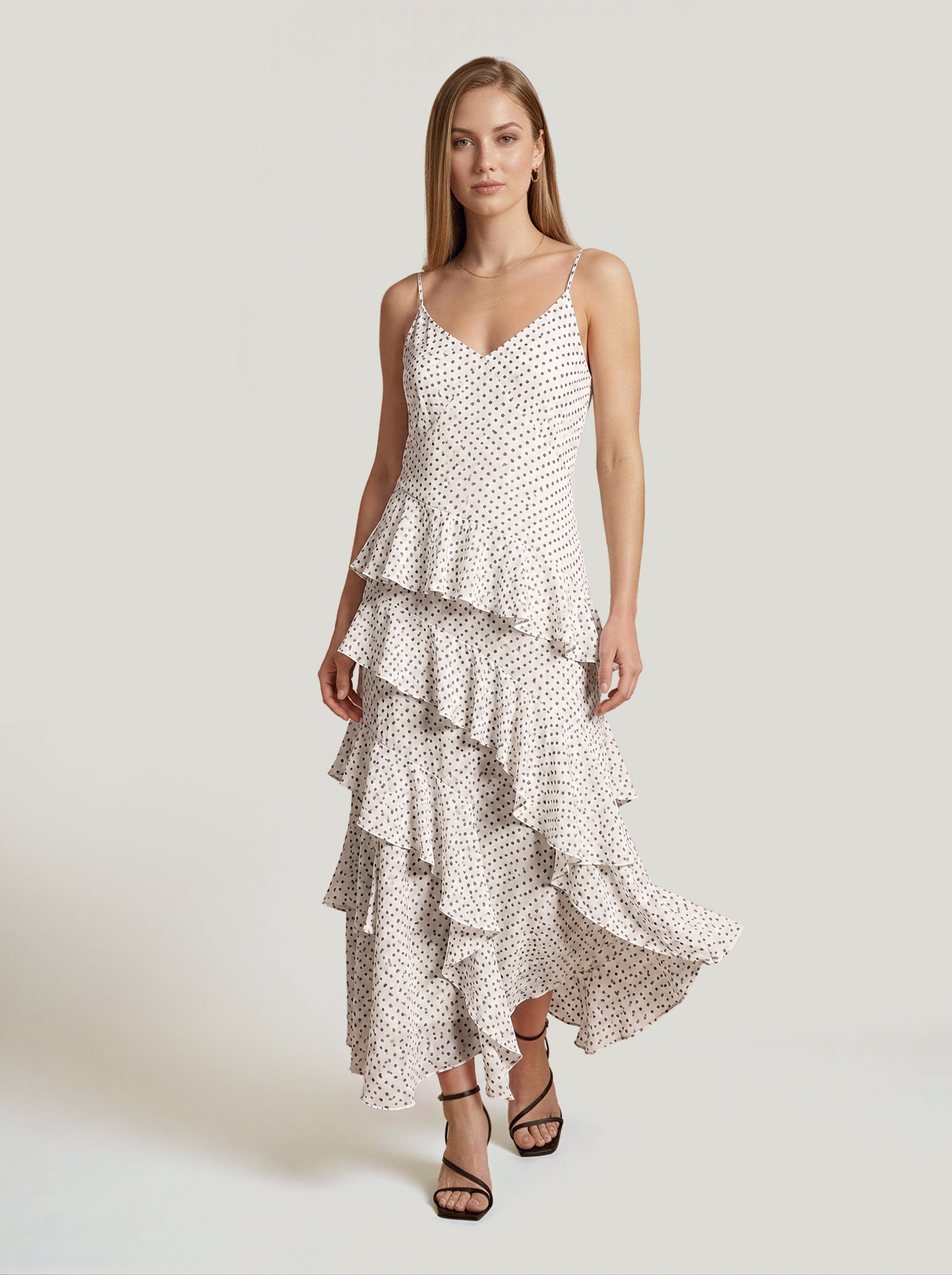 White Printed Long Frill Dress