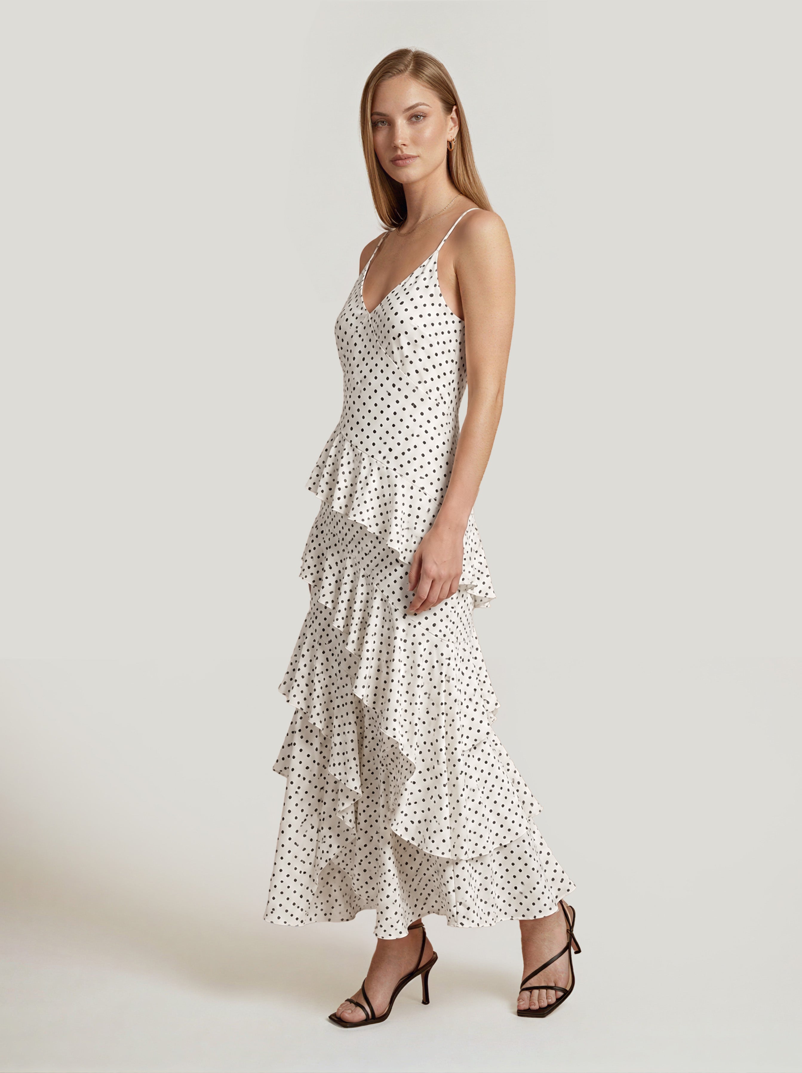 White Printed Long Frill Dress