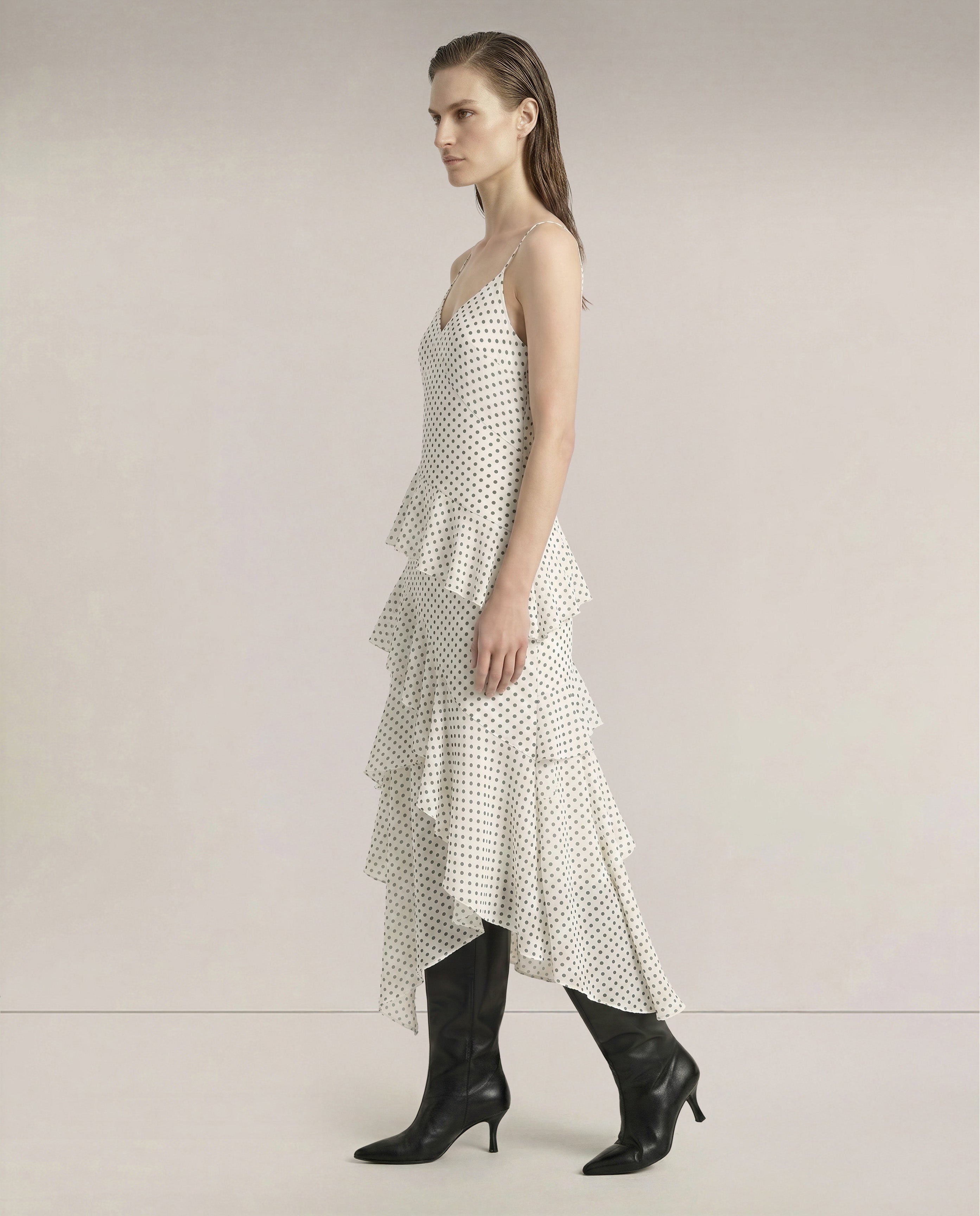 White Printed Long Frill Dress