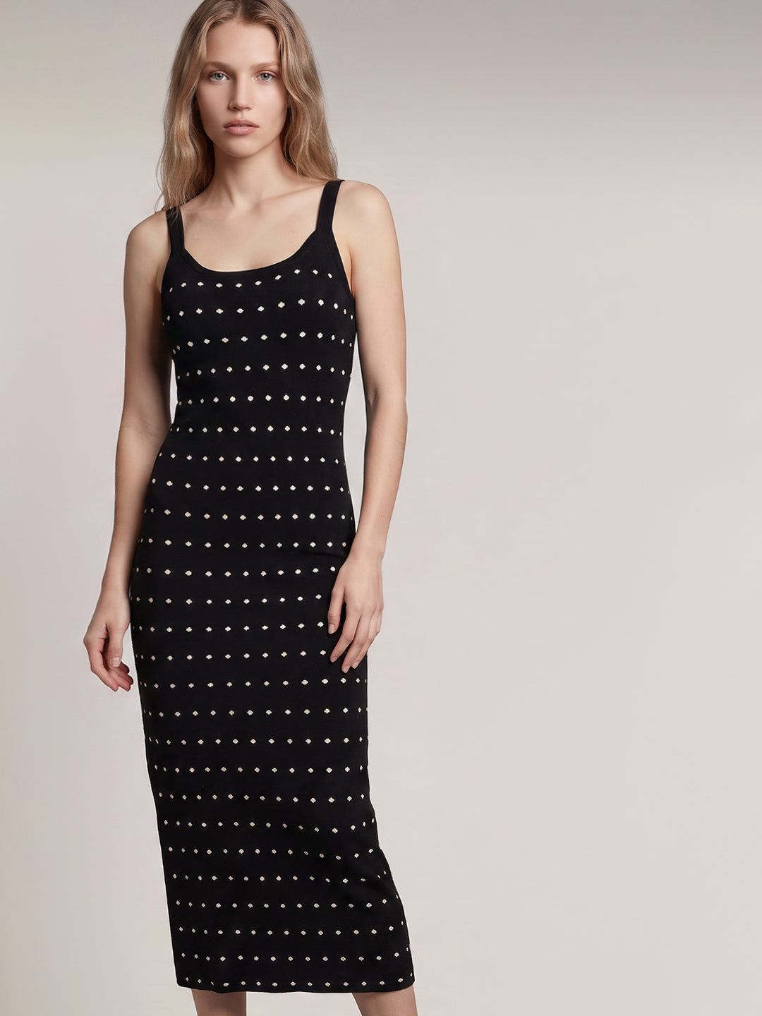 Black Printed Knit Midi Dress