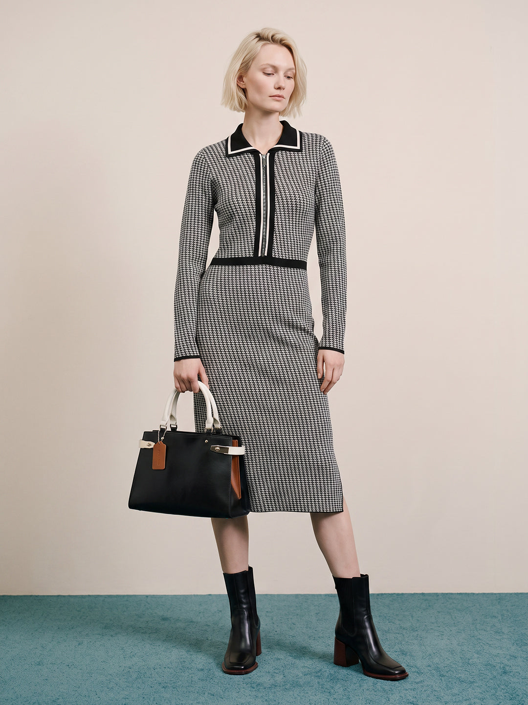 Houndstooth Knit Midi Dress