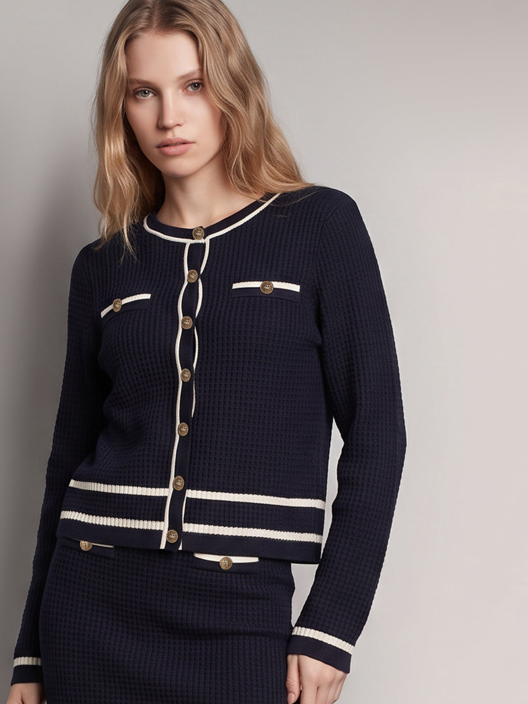 Ribbed Knit Contrast Trim Cardigan