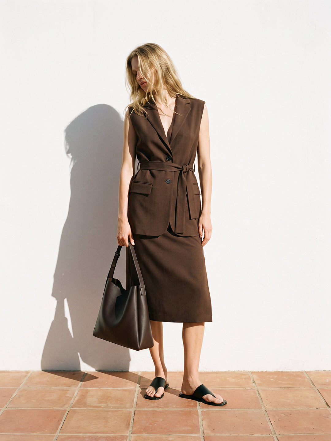 Brown Belted Longline Waistcoat Top