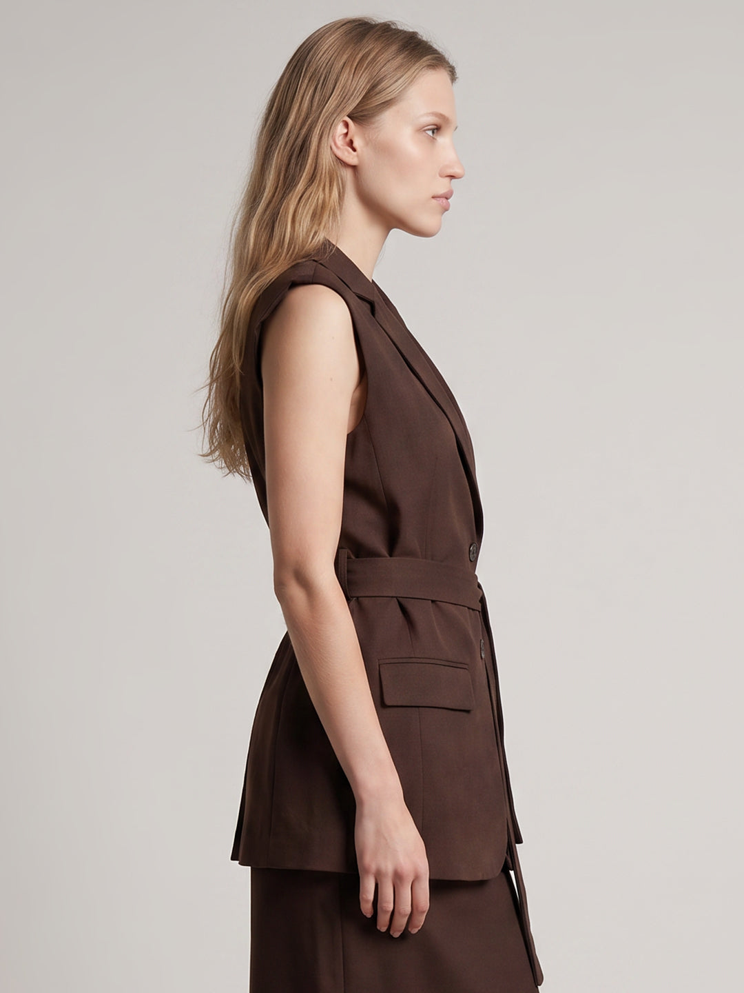 Brown Belted Longline Waistcoat Top