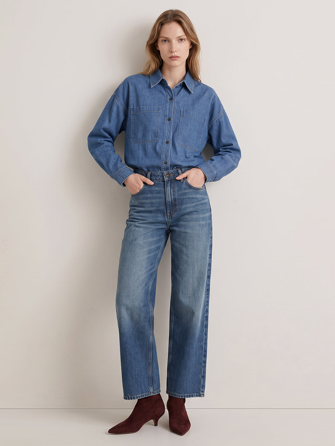Mid Blue Wash Wide Leg Jeans