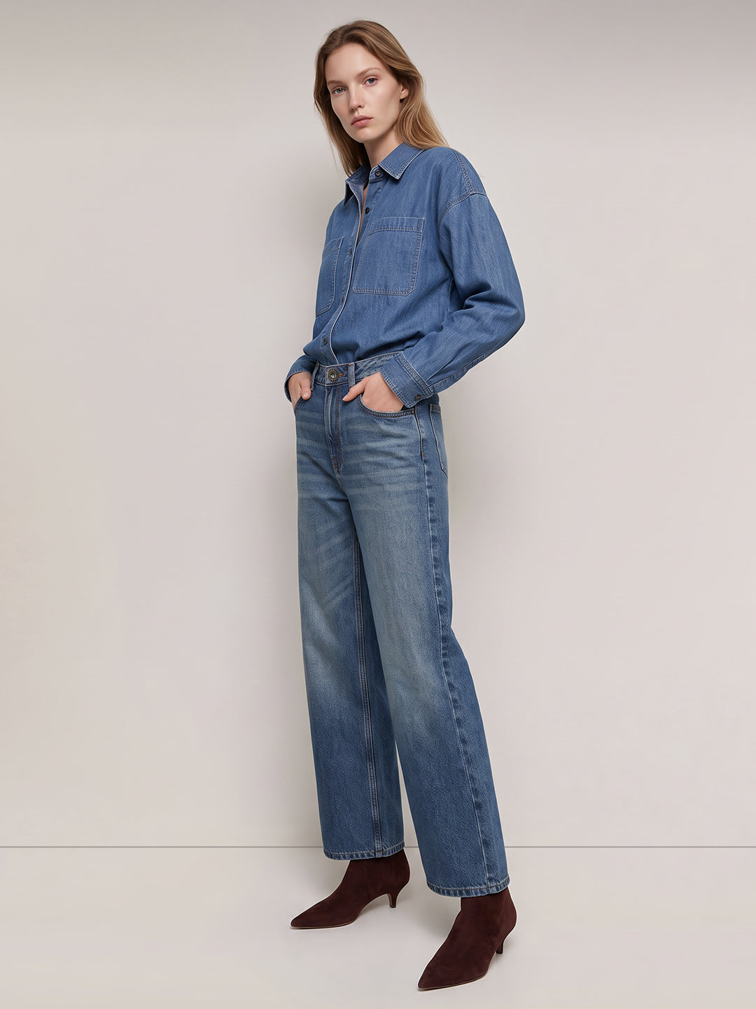 Mid Blue Wash Wide Leg Jeans