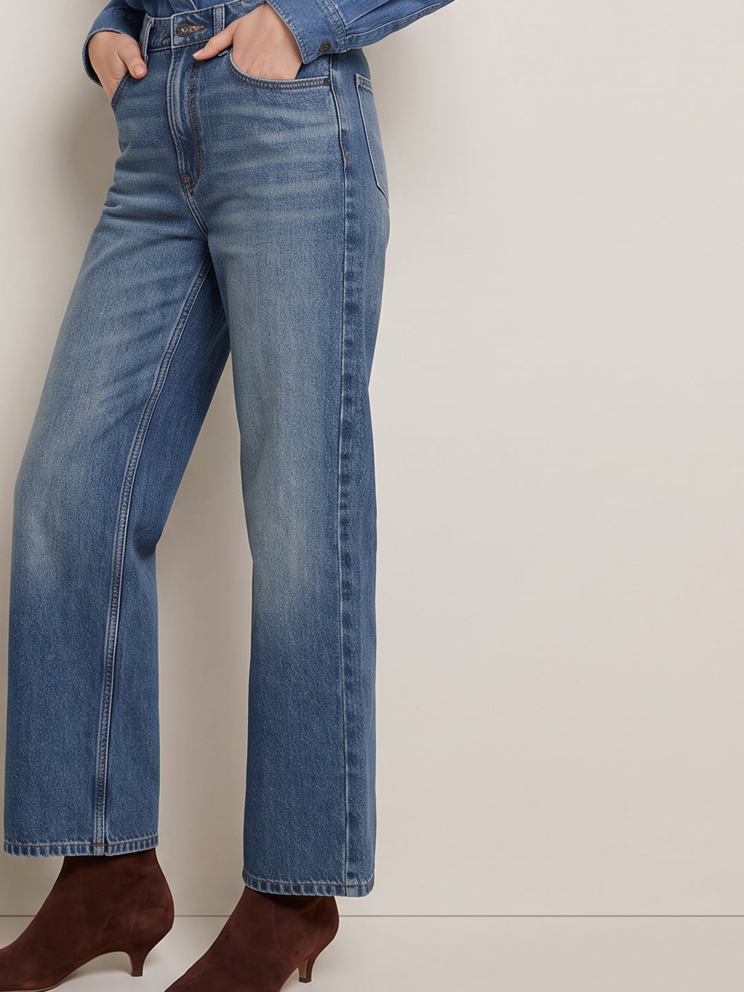 Mid Blue Wash Wide Leg Jeans