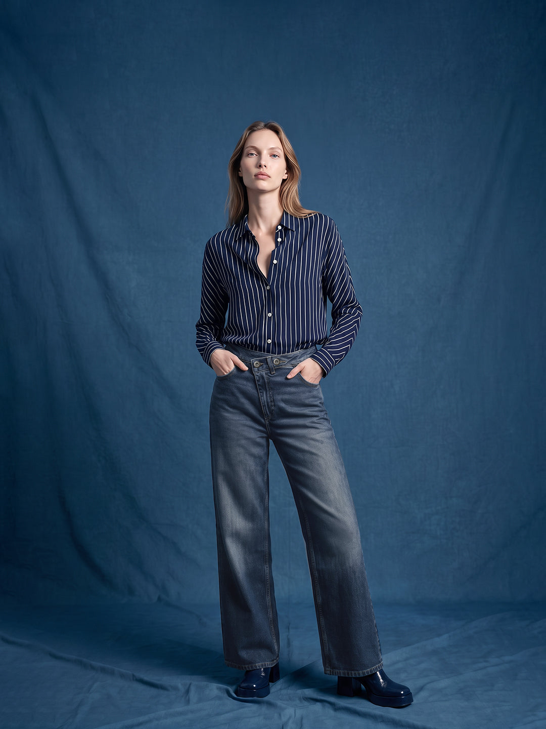 Mid Blue High Rise Wide Leg Jeans