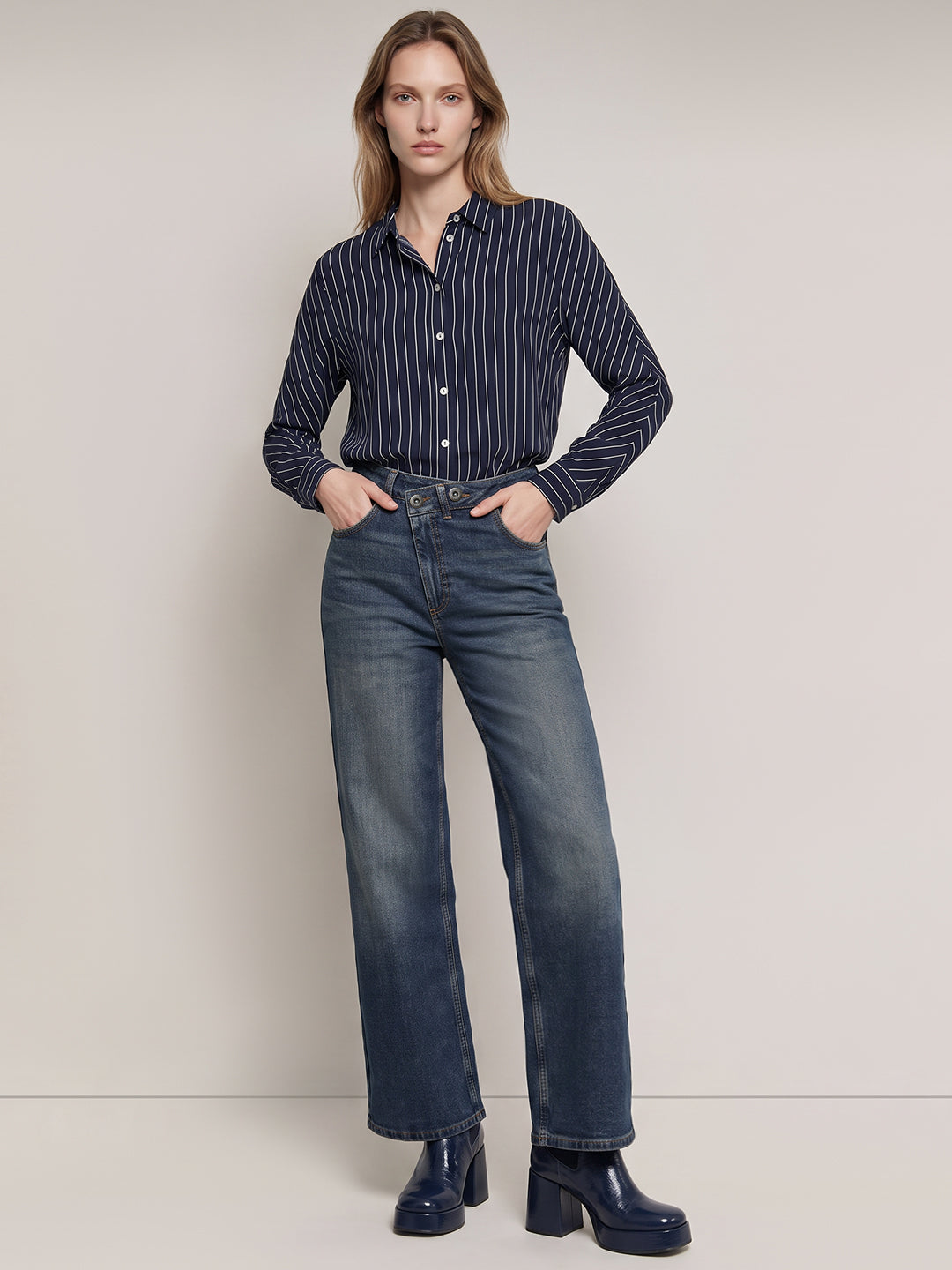 Mid Blue High Rise Wide Leg Jeans