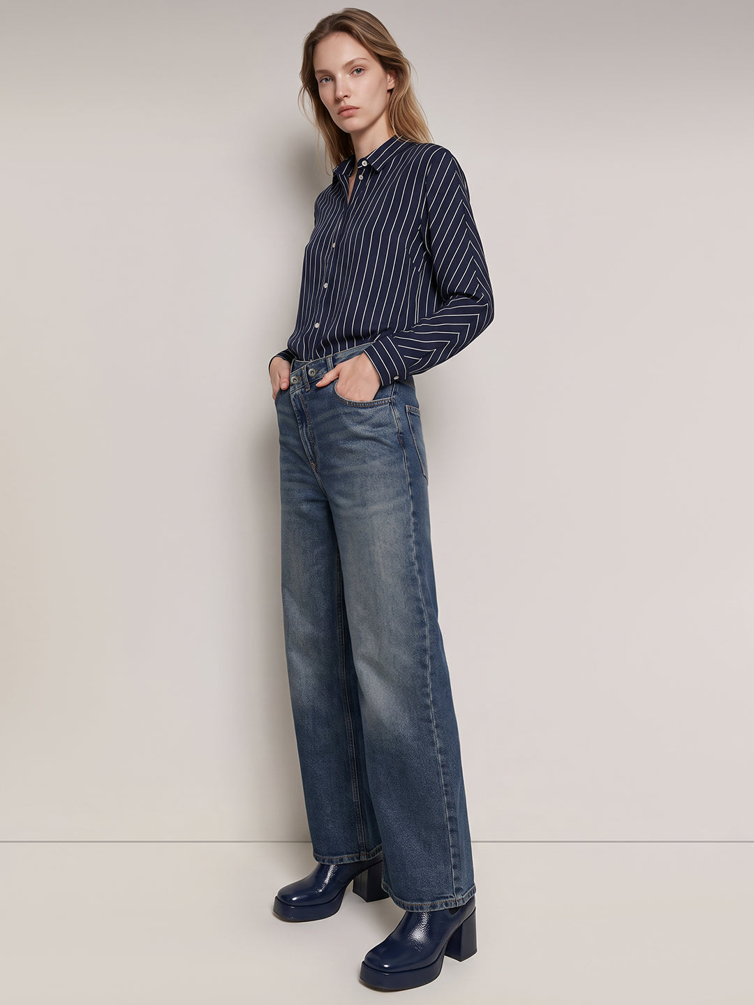 Mid Blue High Rise Wide Leg Jeans