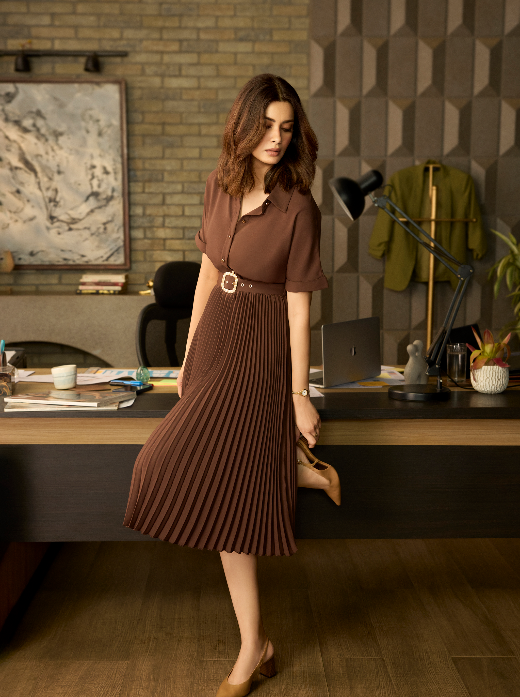 Dark Brown Pleated Shirt Dress