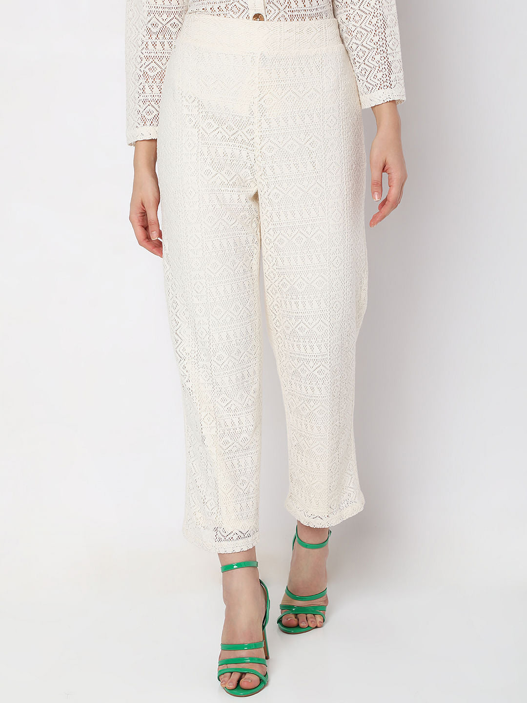 White High Rise Lace Straight Fit Co-Ord Set Pants