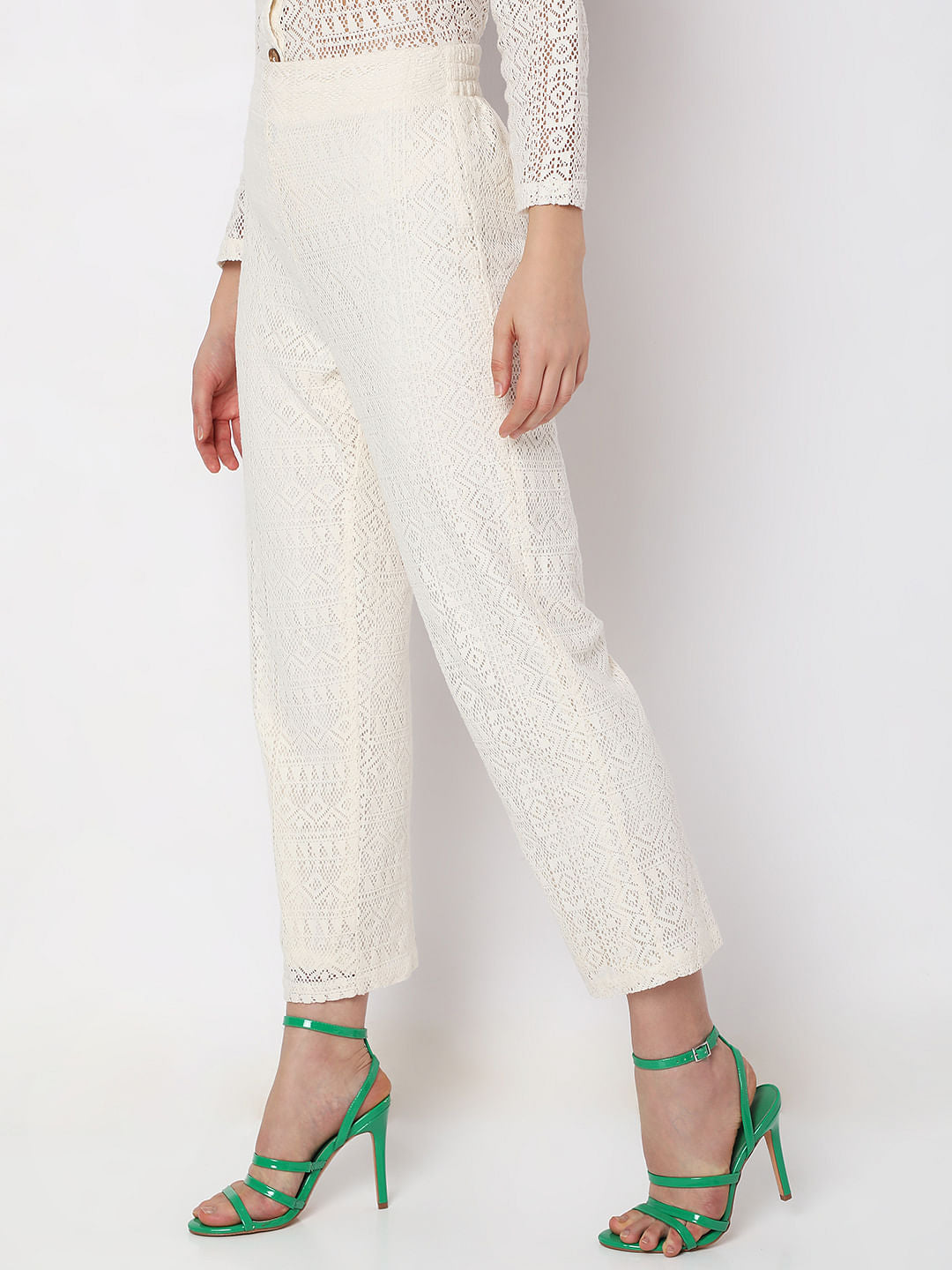 White High Rise Lace Straight Fit Co-Ord Set Pants